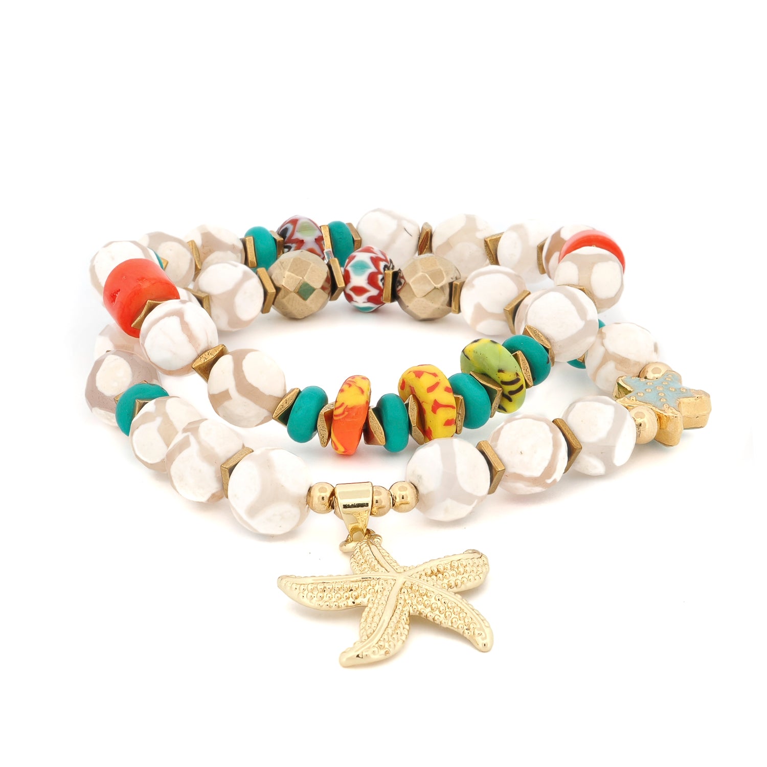 Multicolored beaded bracelet with a starfish charm on a white background