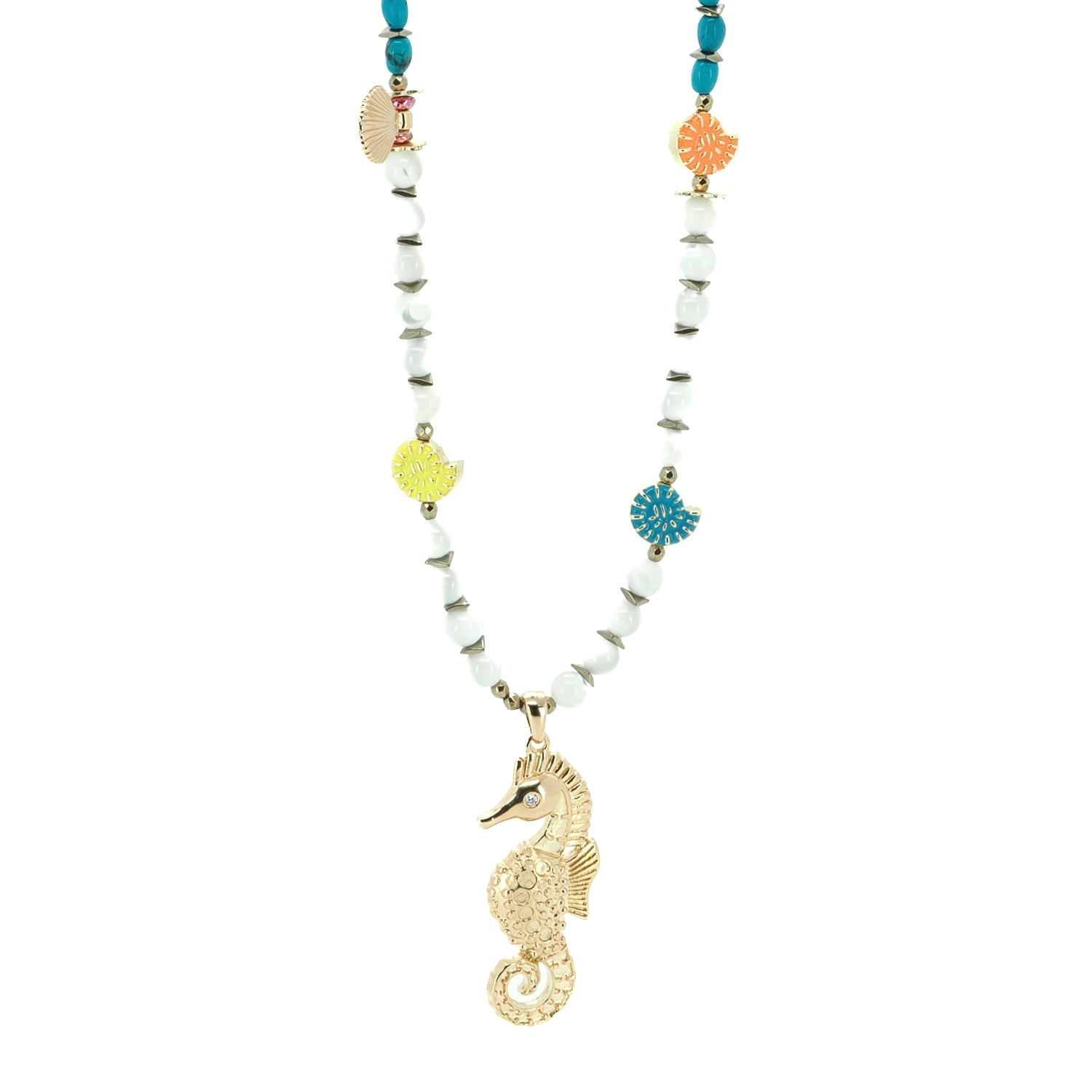Summer Magic necklace with gold seahorse pendant, shell charms, and turquoise beads on white background

