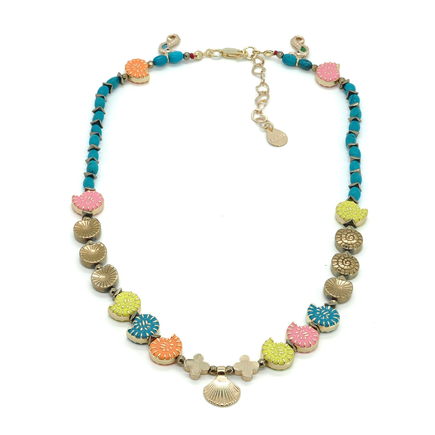 Close-up of boho choker with turquoise stones and colorful ocean-inspired charms

