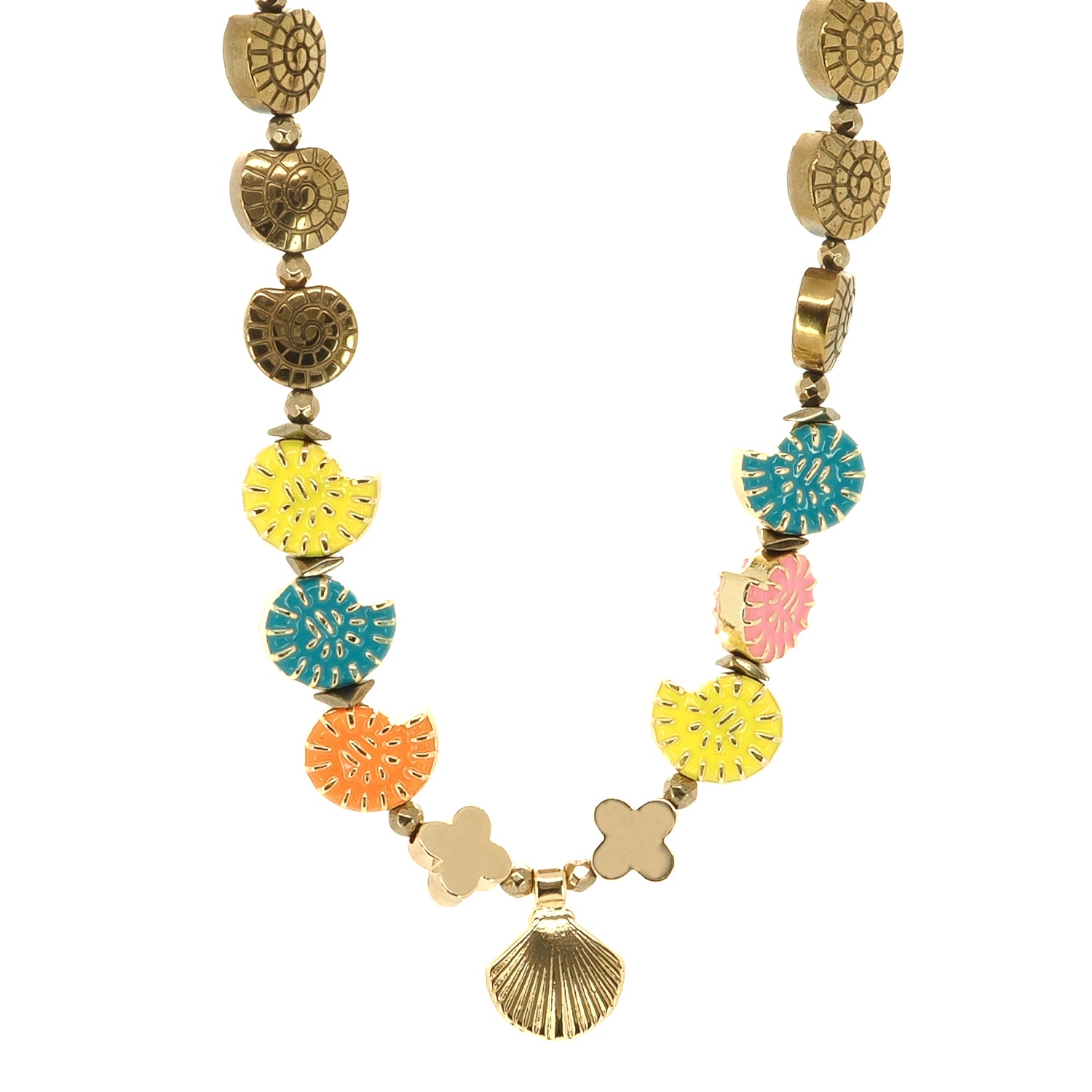 Summer Spirit choker necklace with turquoise beads, shell charms, and gold-plated seahorses on white background

