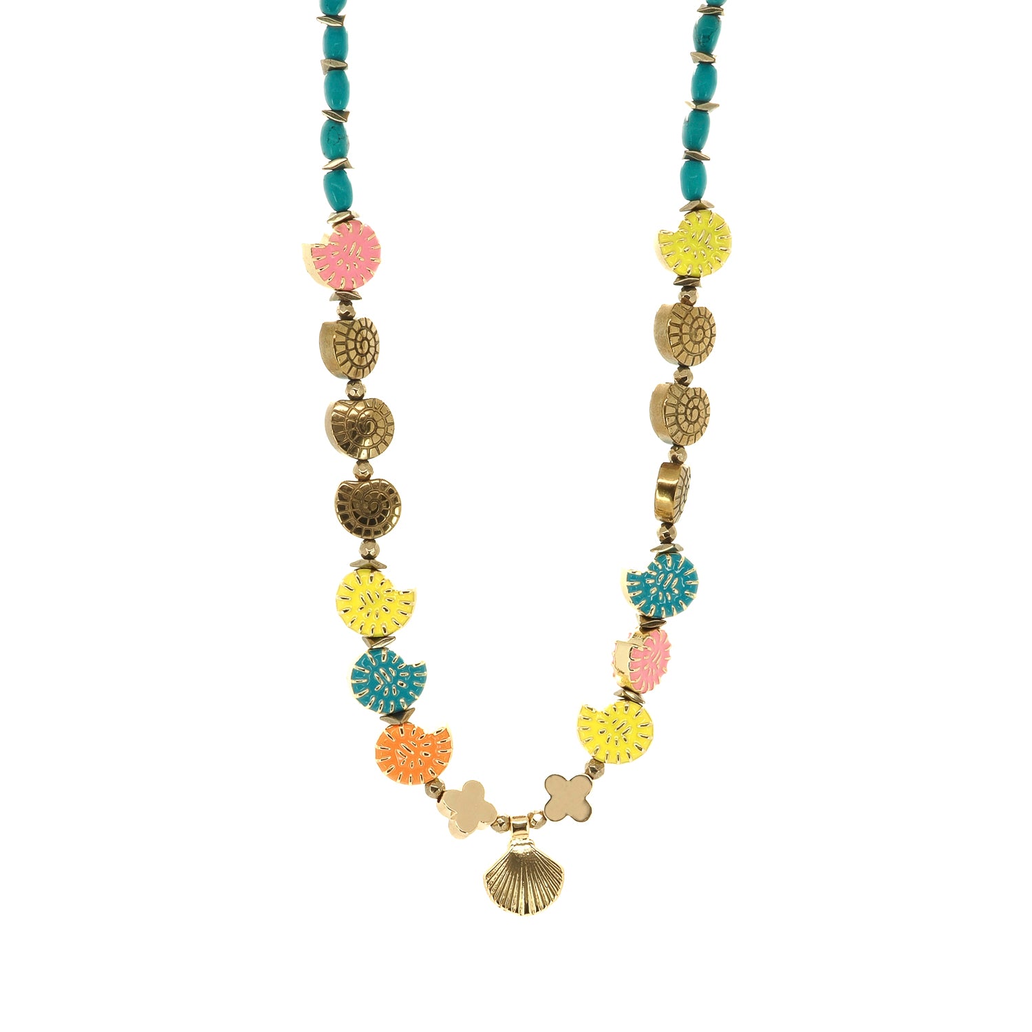 Whimsical seashell and seahorse necklace perfect for vacation, festivals, and beach style

