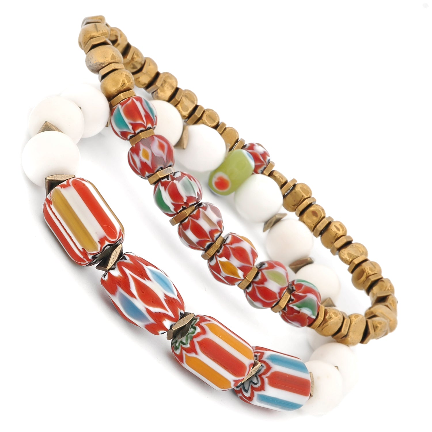 White jade and African chevron bead stretch bracelet set with gold spacers