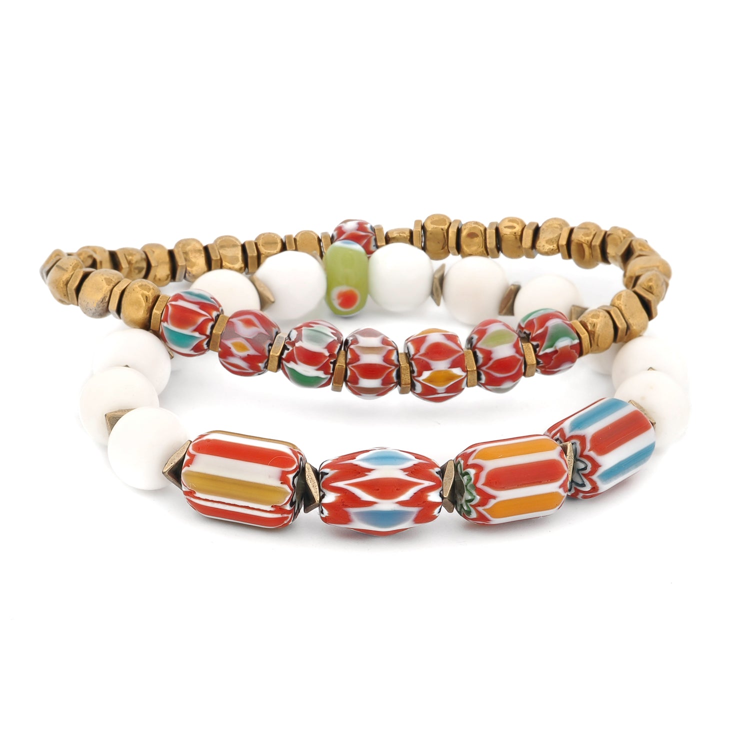 Summer vacation white jade African bead bracelet set of 2 handmade