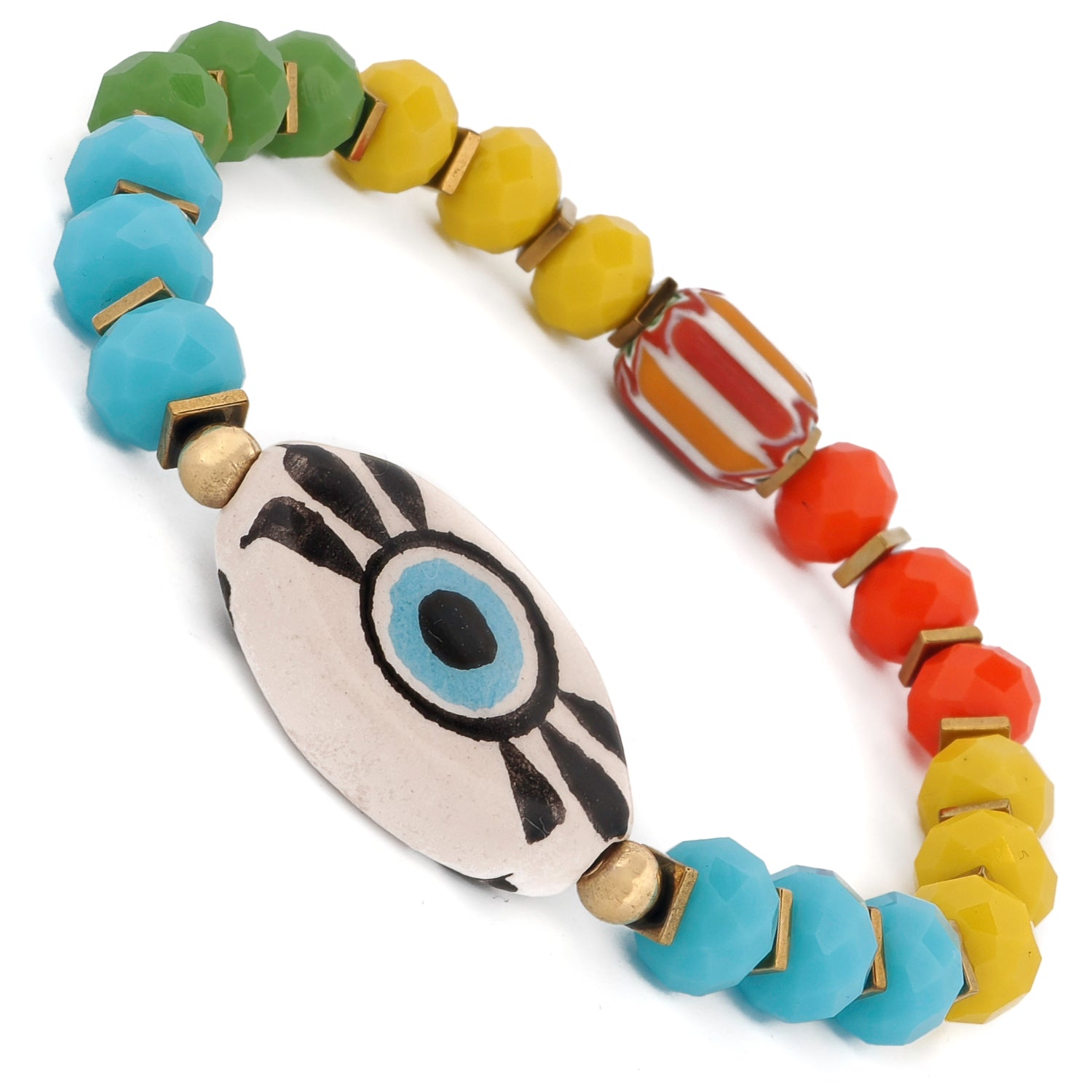 Handmade evil eye bracelet with rainbow crystal beads, African trade bead, and gold hematite spacers — Ebru Jewelry summer collection
