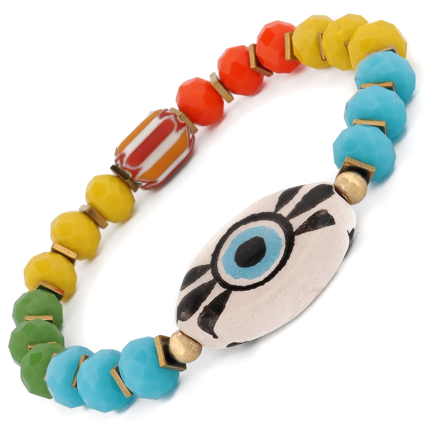 Colorful boho evil eye stretch bracelet with hand-painted ceramic charm and faceted crystal beads — handmade in the USA