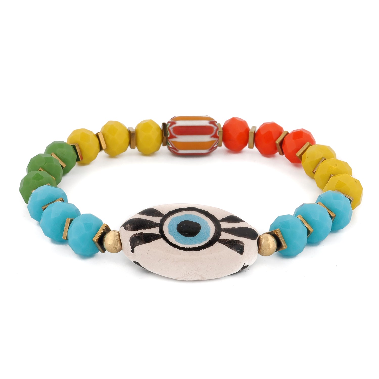 Sunkissed Evil Eye Joyful Guardian Bracelet with hand-painted ceramic evil eye charm and colorful crystal beads in blue, green, yellow, and orange