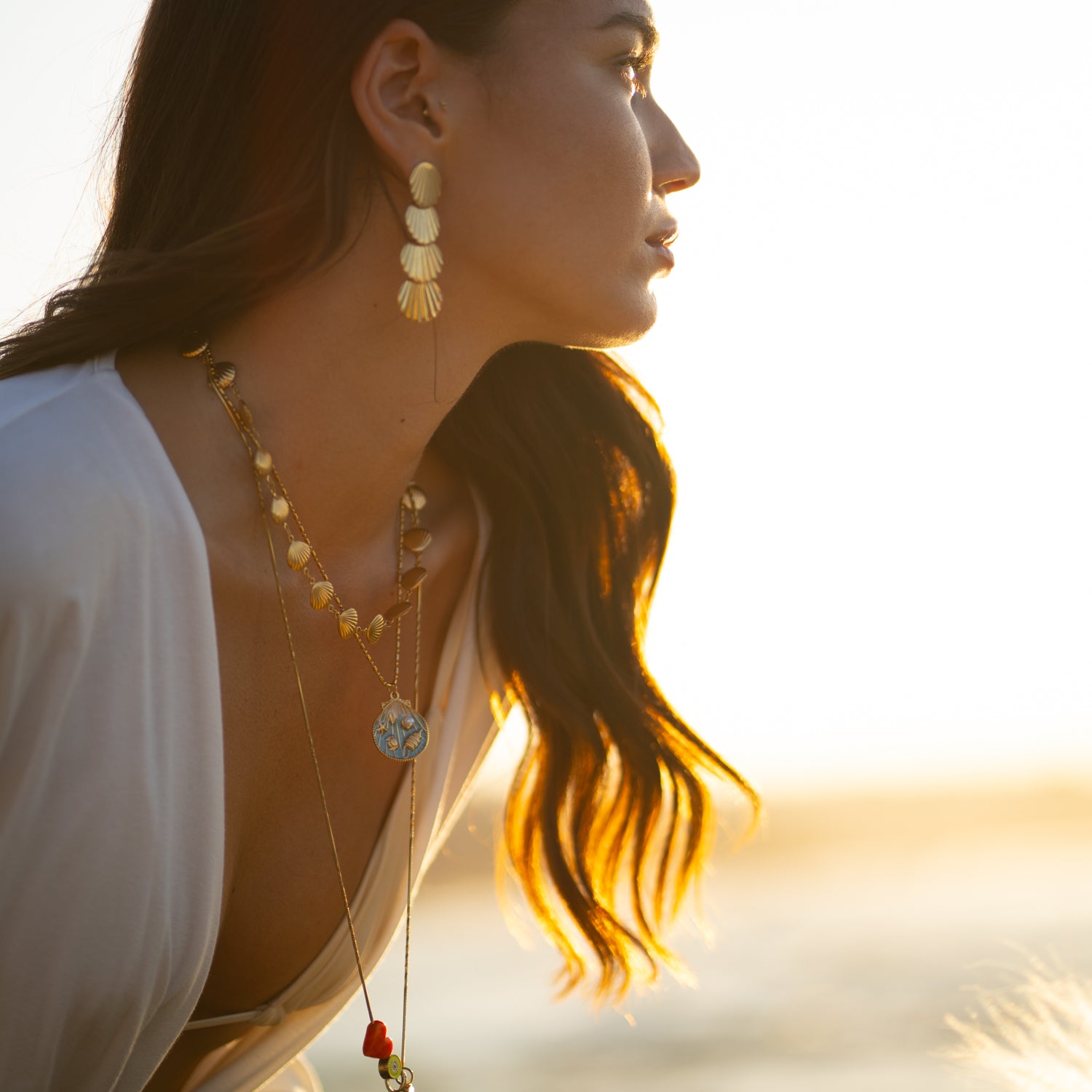 Sun-Kissed Seashell Energy Earrings in gold-plated stainless steel, 2-inch length