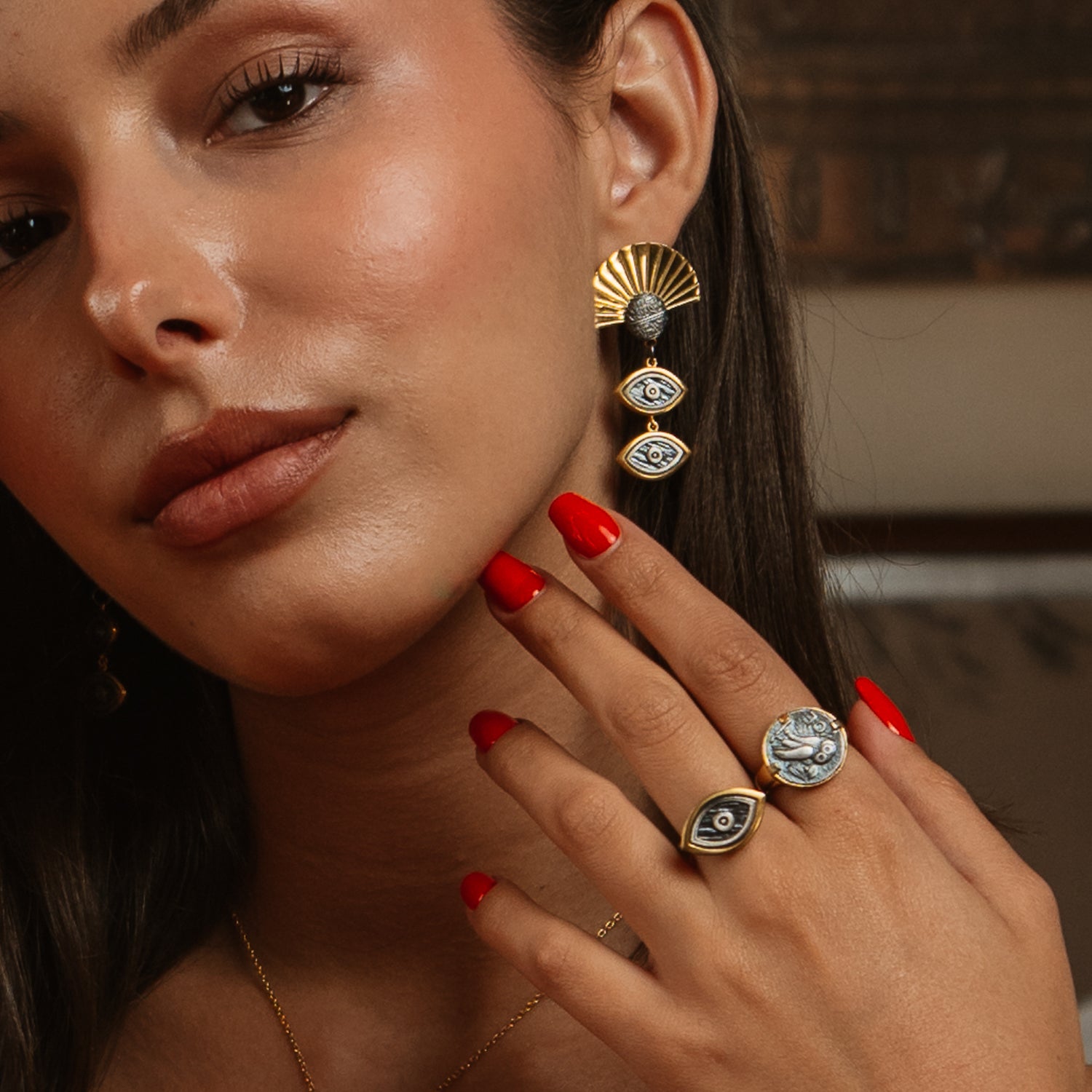 Sunray Ancient Eye Two-Tone Statement Earrings
