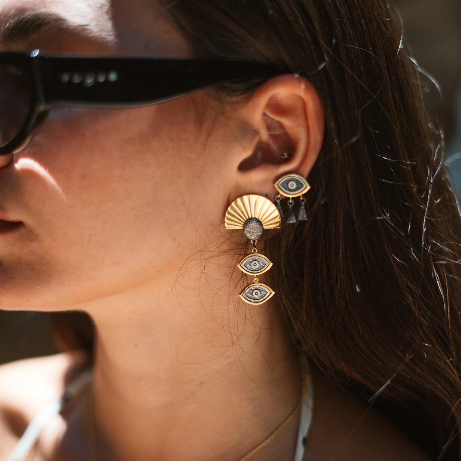 Sunray Ancient Eye Two-Tone Statement Earrings