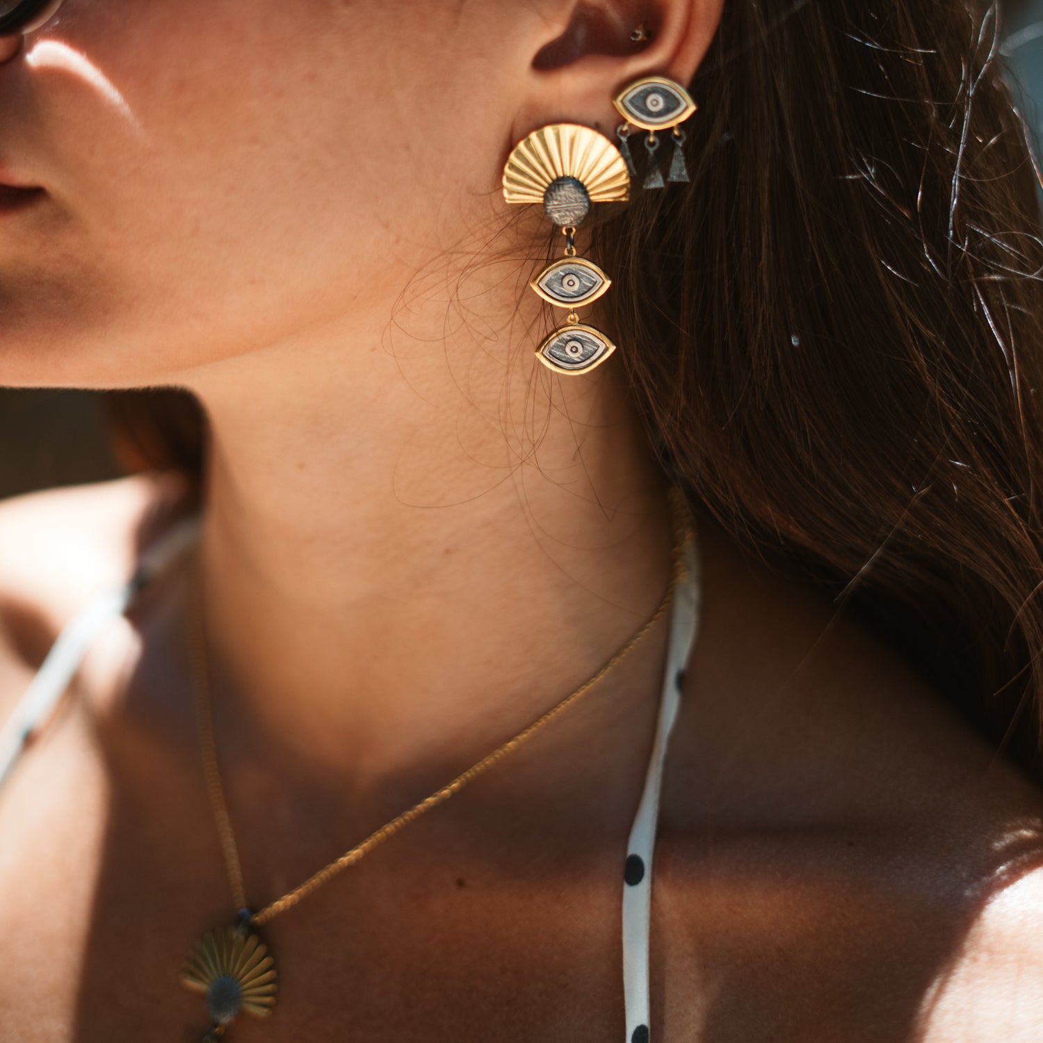 Sunray Ancient Eye Two-Tone Statement Earrings