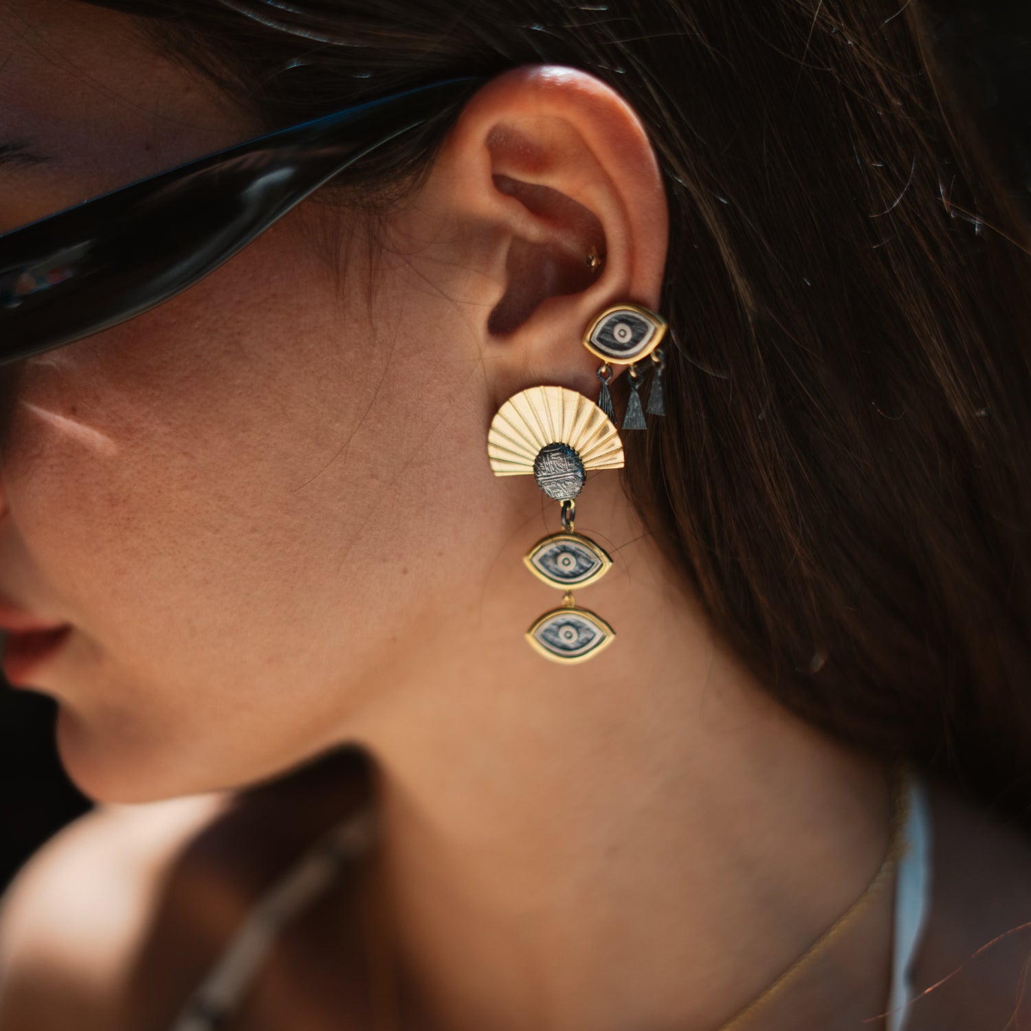 Sunray Ancient Eye Two-Tone Statement Earrings