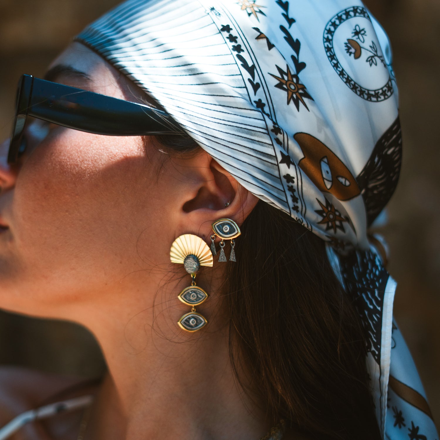 Sunray Ancient Eye Two-Tone Statement Earrings