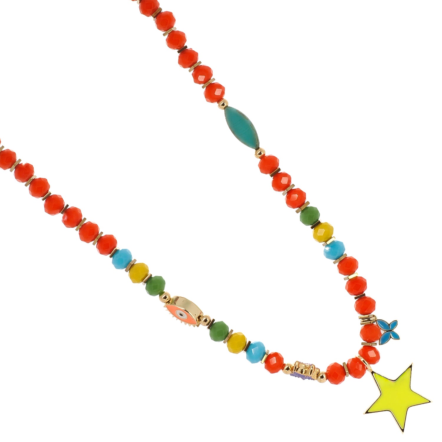 Multicolor crystal necklace with sea star and butterfly charms, neon yellow star pendant