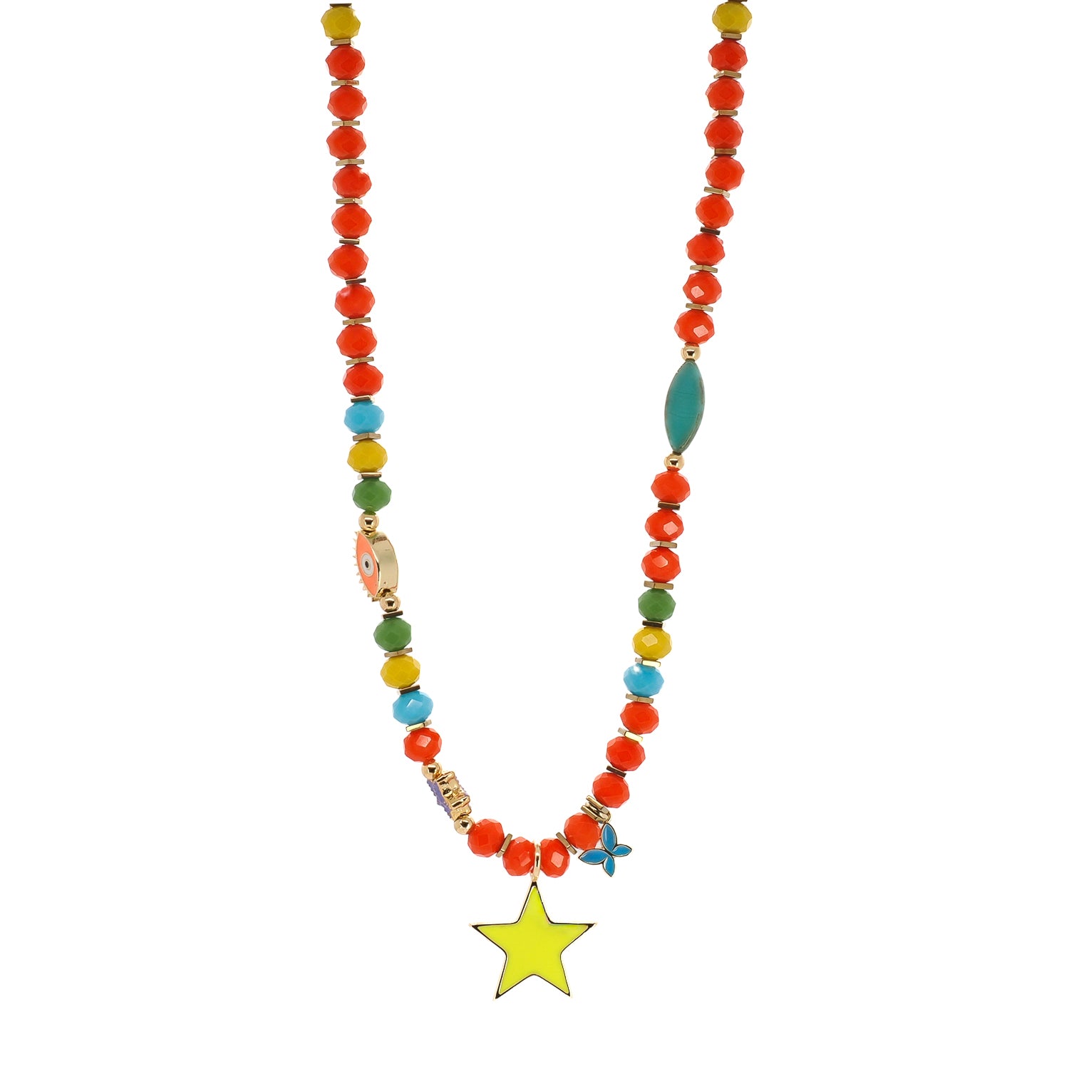 Hand-strung colorful beaded necklace with neon yellow star pendant and heart extender, Ebru Jewelry