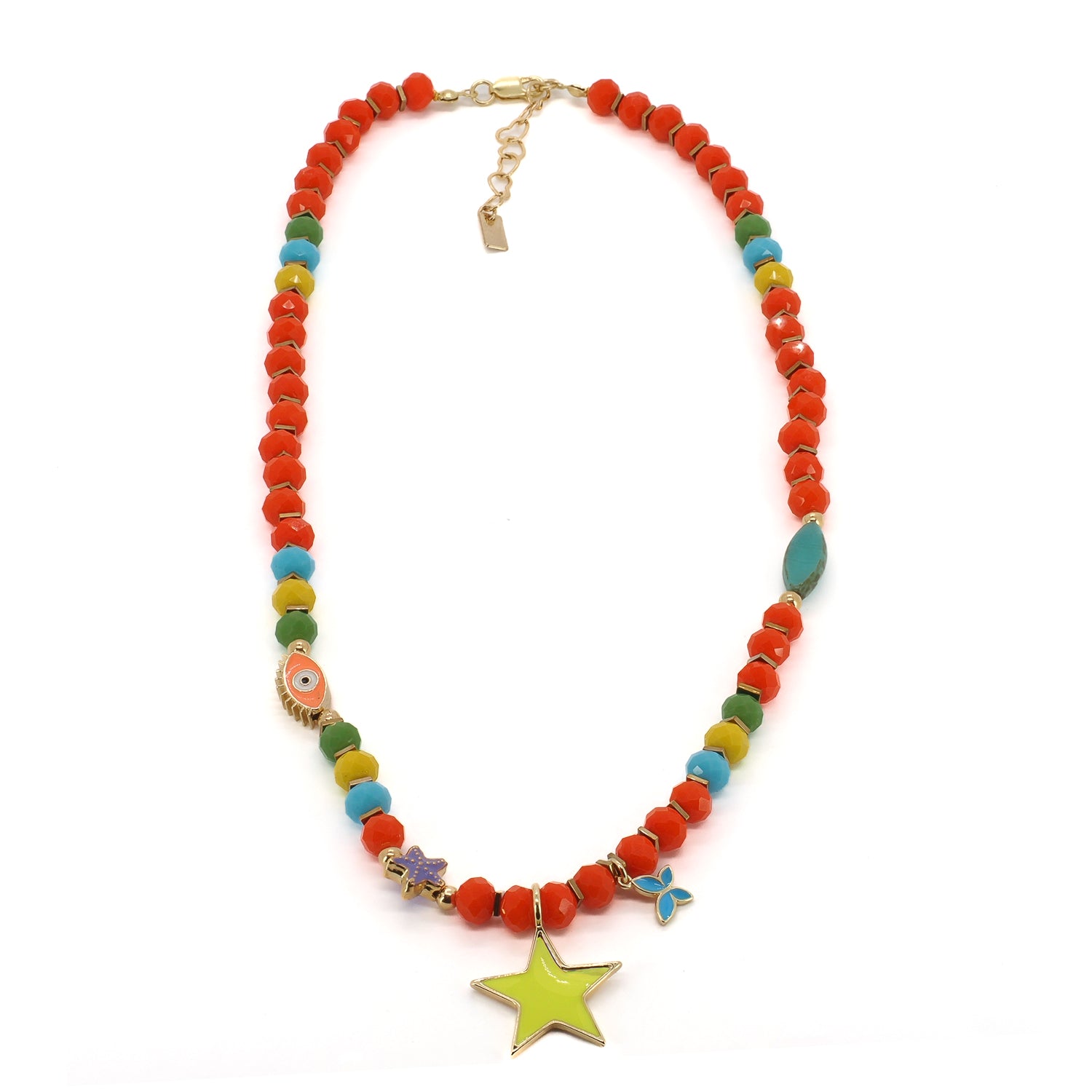 Sunshine Star colorful beaded necklace with multicolor crystal beads and gold spacers