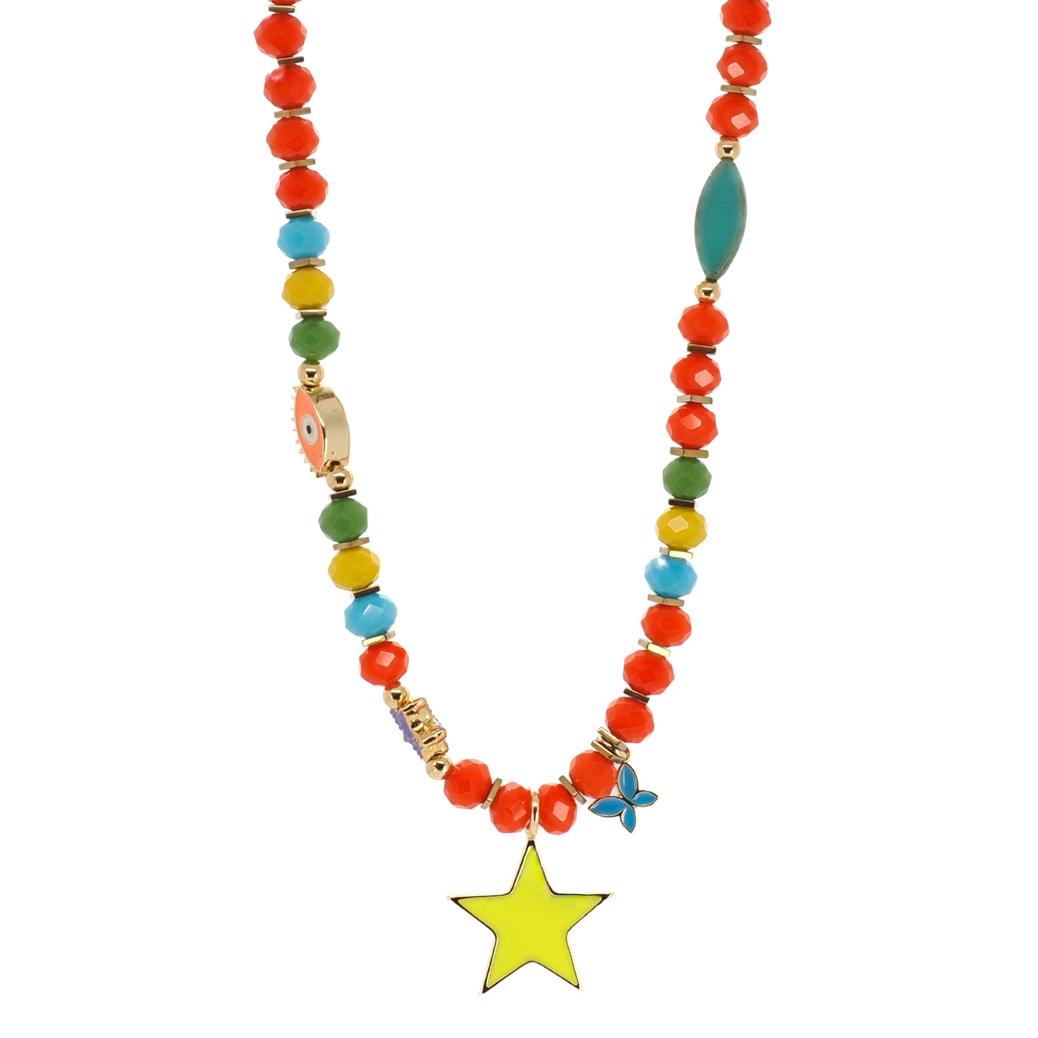 Colorful crystal bead necklace with neon yellow star, evil eye and butterfly charms by Ebru Jewelry
