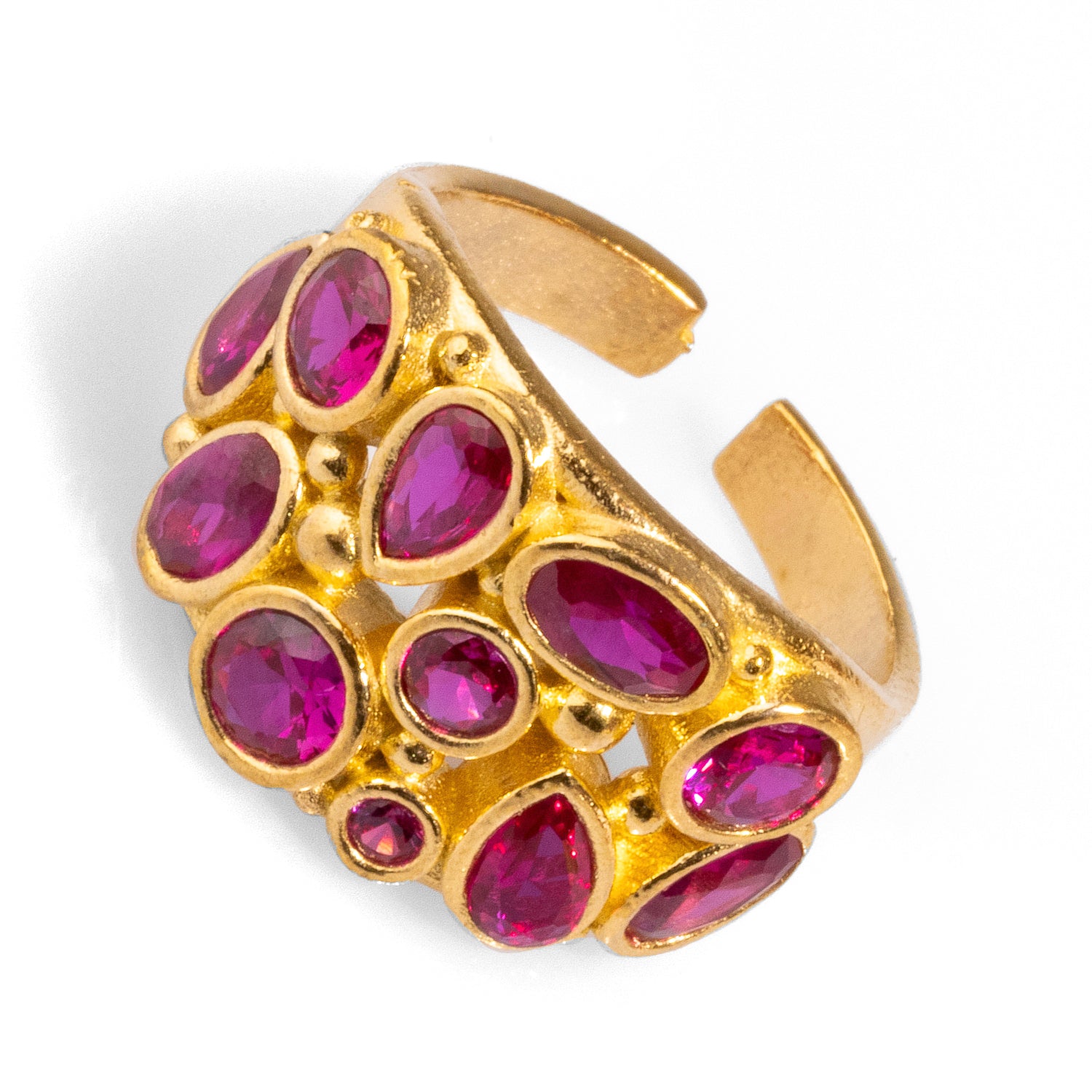 Chic statement ring with teardrop ruby stones and a luxurious 24k gold-plated design, adjustable for a comfortable and customized fit.
