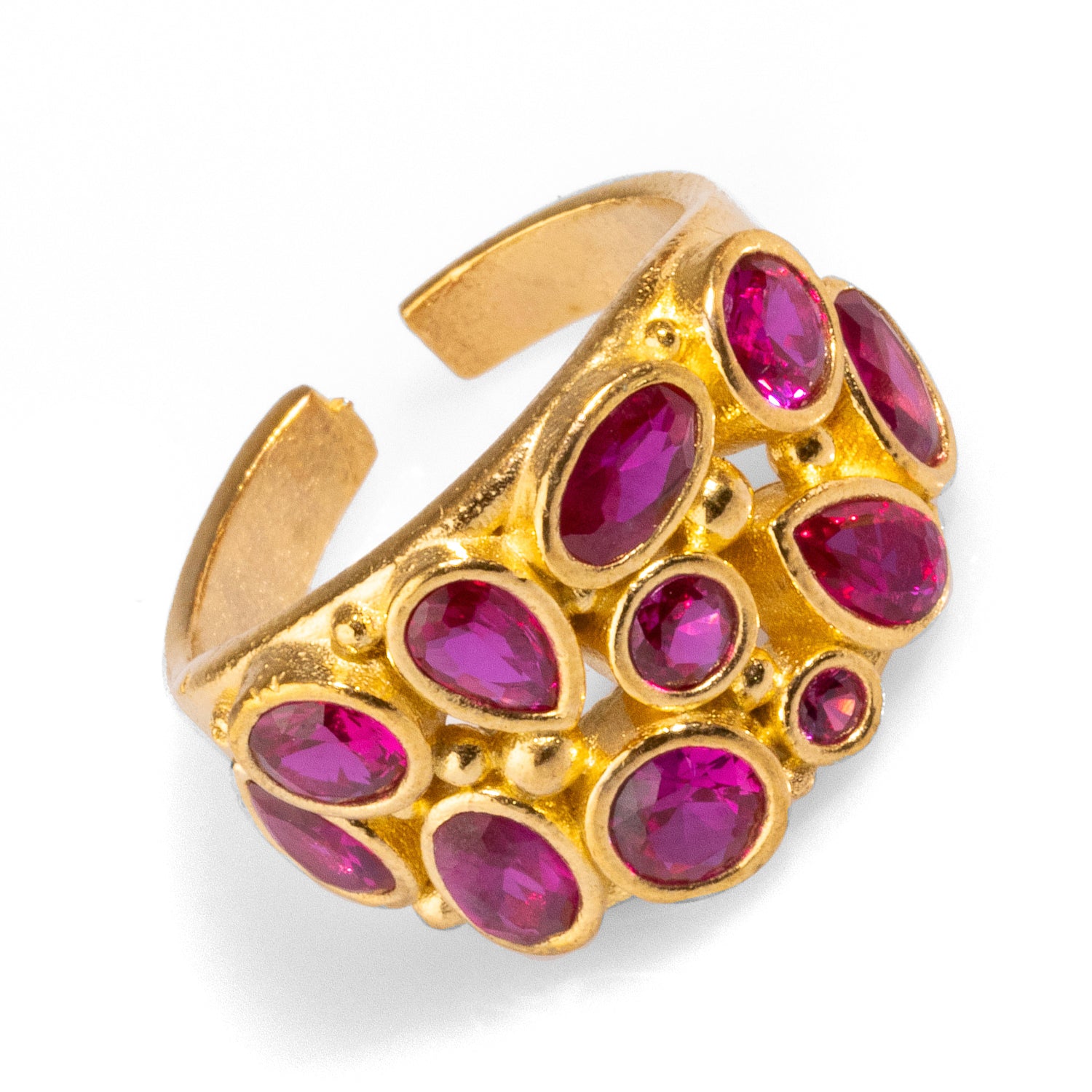 Sophisticated 24k gold-plated ring adorned with sparkling teardrop ruby stones, adjustable for a perfect fit and elegant style.
