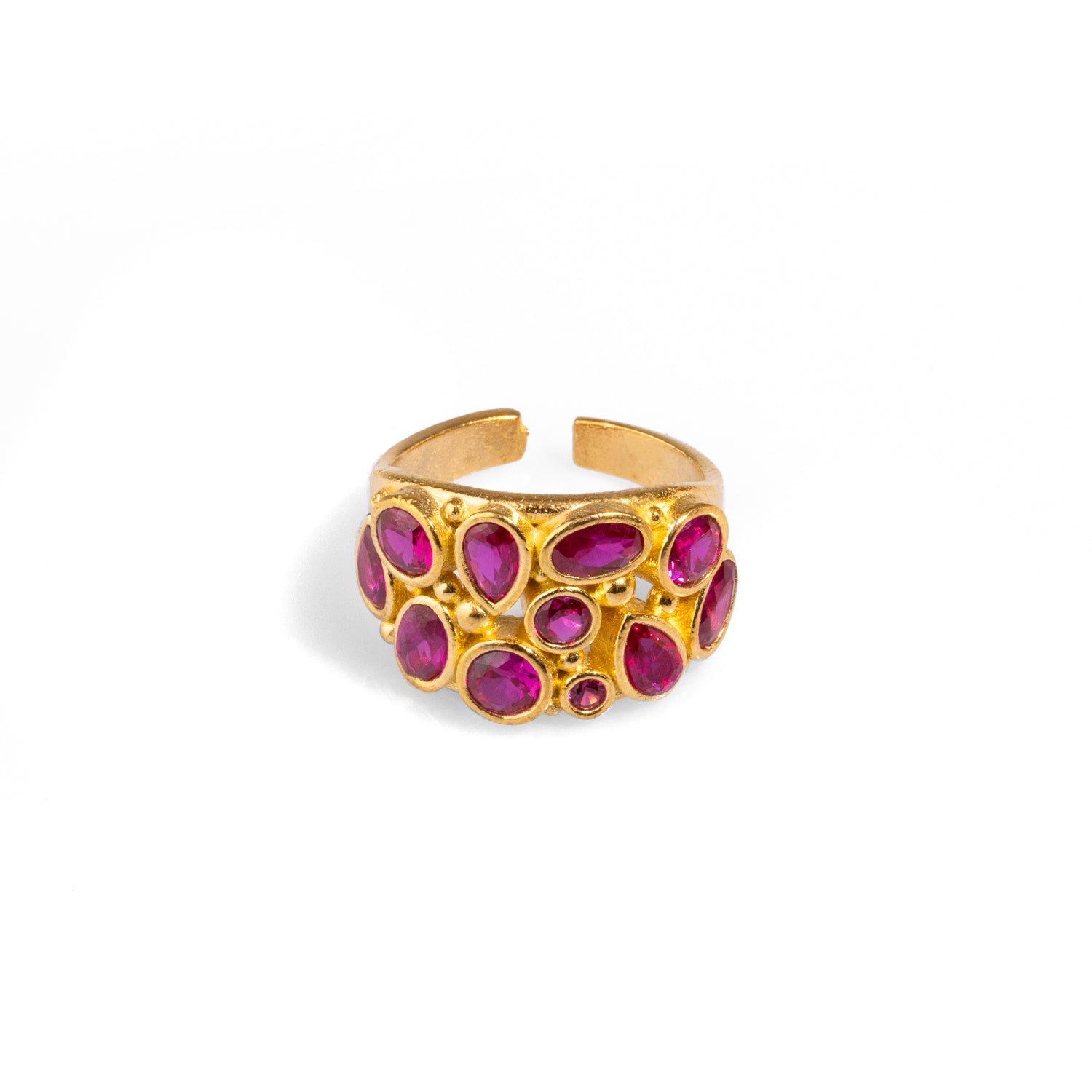 Versatile statement ring featuring teardrop rubies and a 24k gold-plated design, adjustable to suit any occasion with ease.
