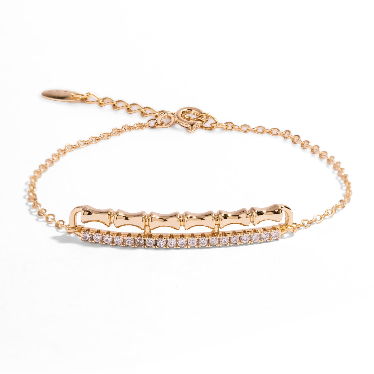 Golden Bamboo Pave Zircon Minimalist Chain Bracelet, front view of the gold bamboo bar above a row of pave white zircon