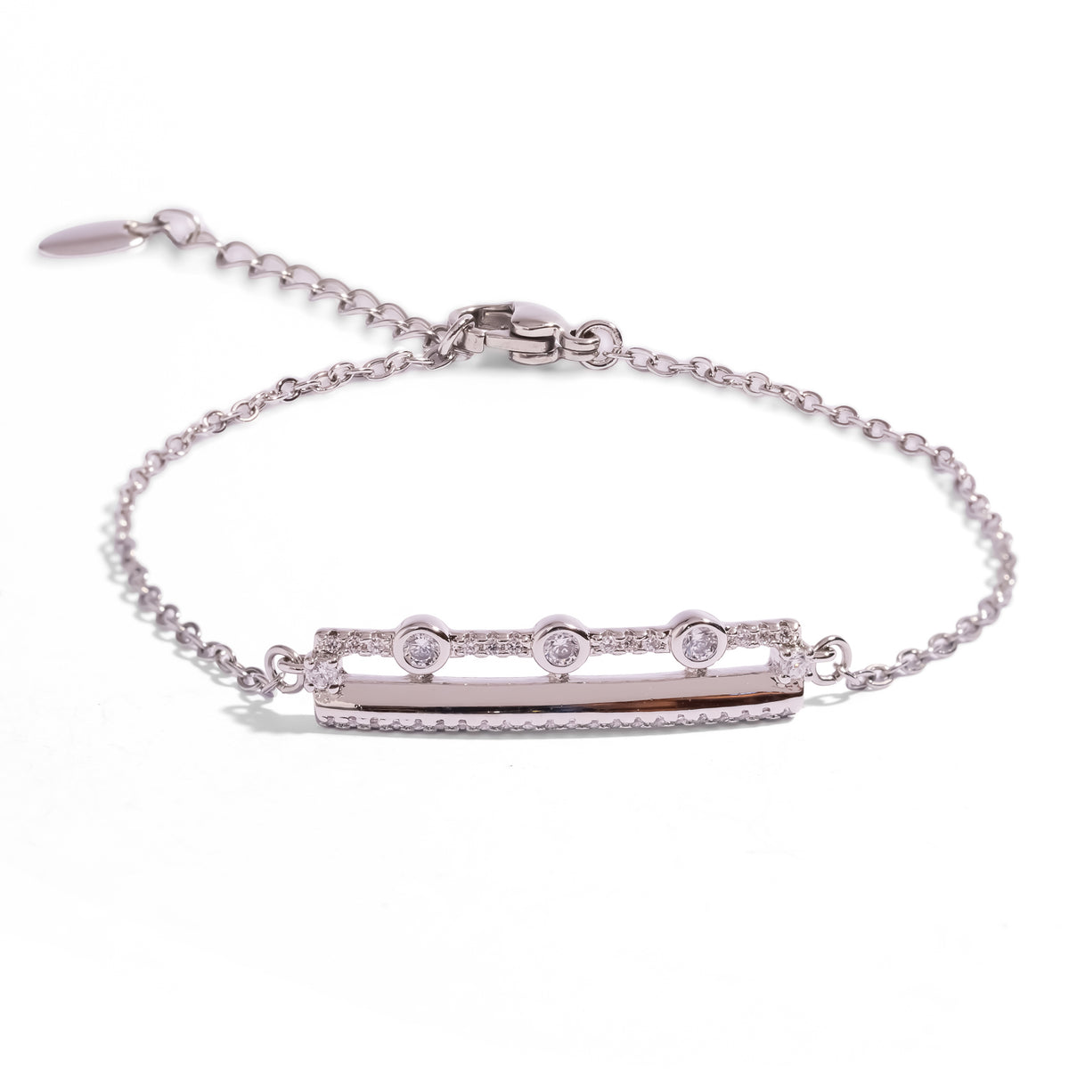 Three Lights Zircon Minimalist Silver Chain Bracelet, front view of the open pave bar with three round white zircons