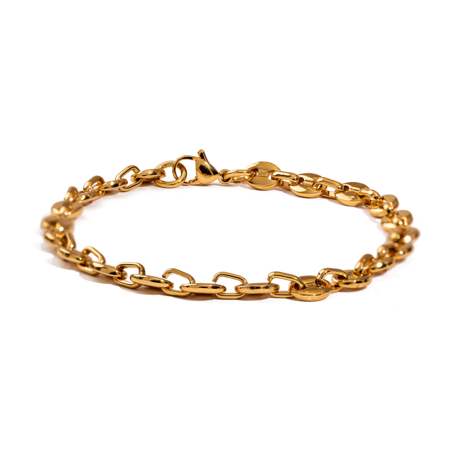 Gold-plated stainless steel men’s bracelet, chain design, durable, water-resistant, tarnish-free, modern style, 8.5 inch length.​