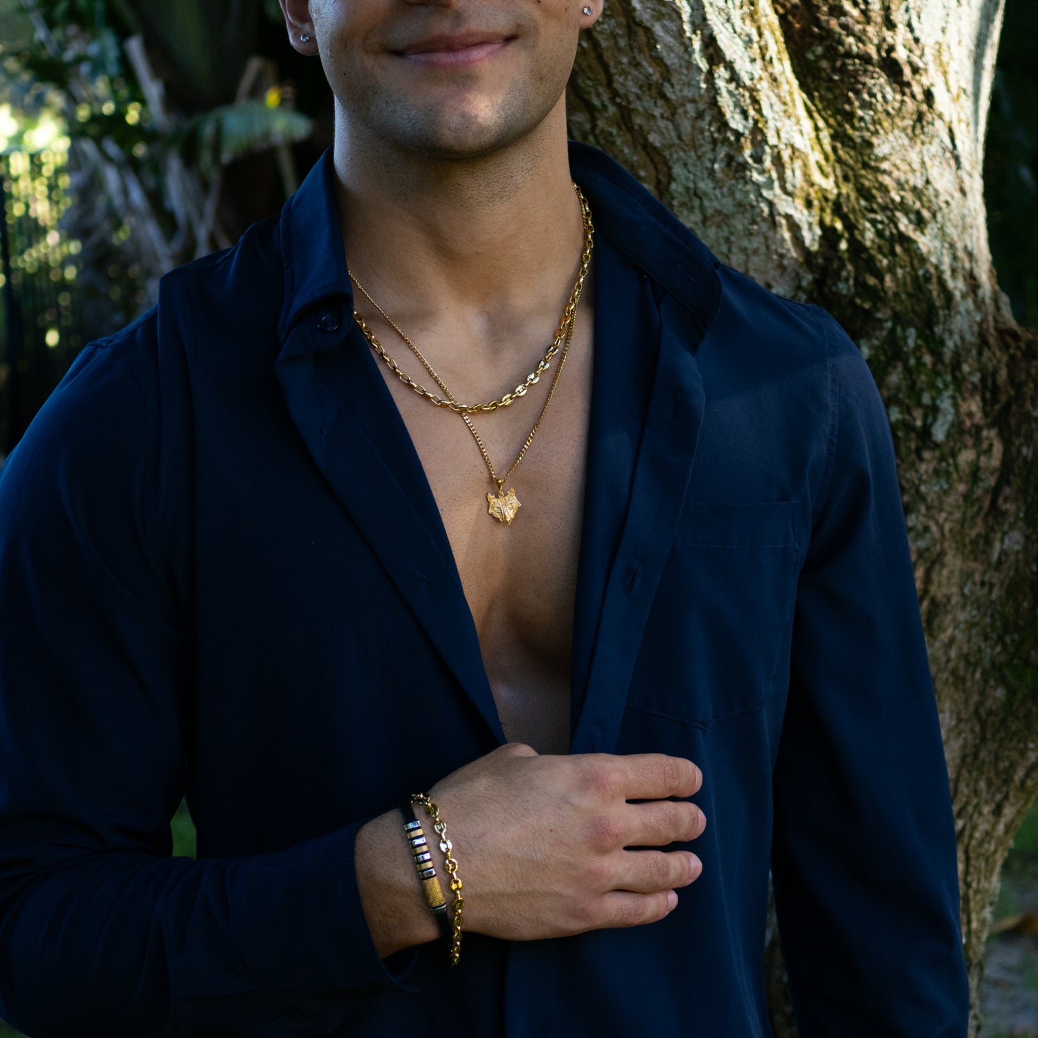 Gold-plated stainless steel men's chain bracelet, durable, water-resistant, tarnish-free, modern classic style, 8.5 inch length.