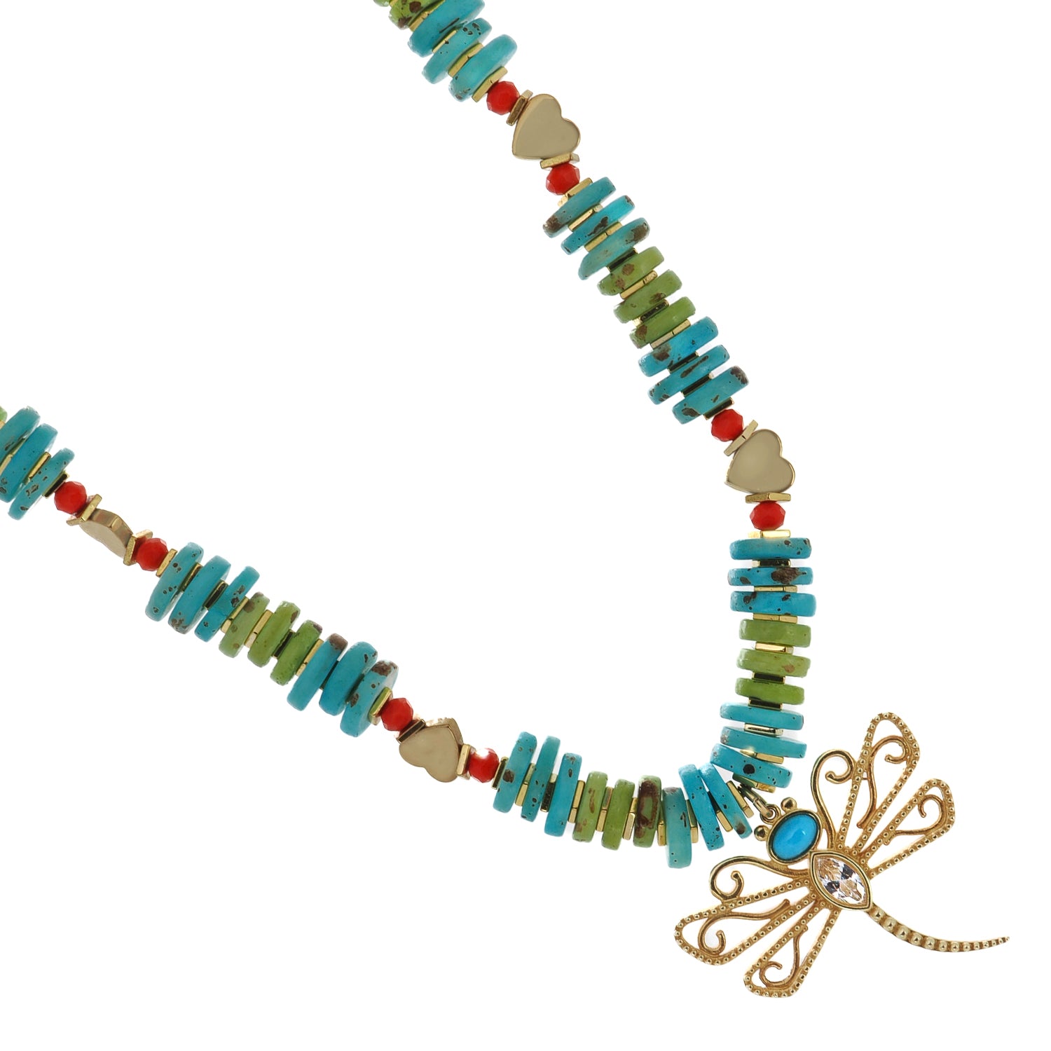 Dragonfly necklace with turquoise nugget beads, gold heart accents, and a protective yellow Evil Eye charm.
