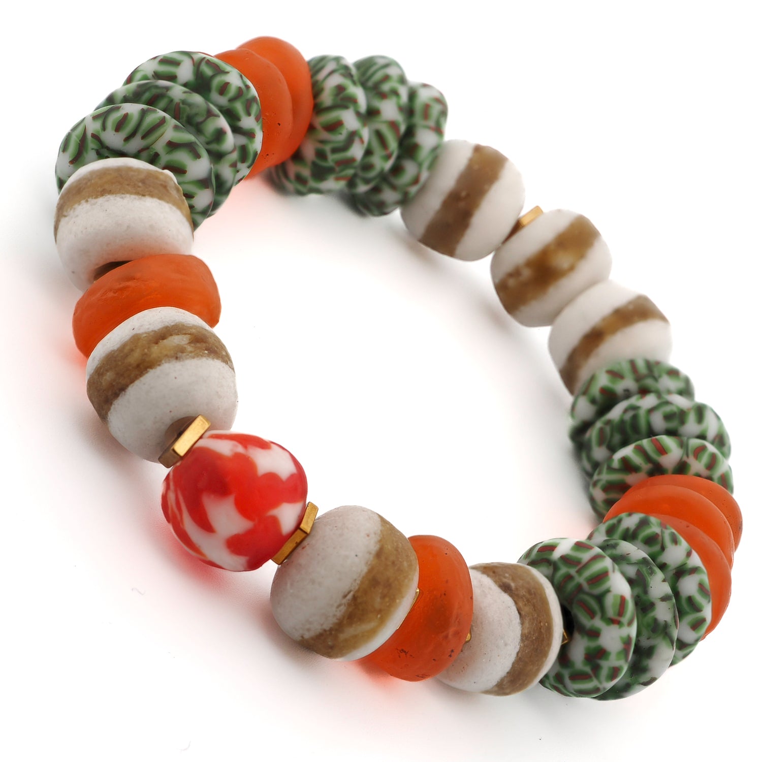 Chunky beaded bracelet with tribal-inspired green, orange, white, and brown tones.

