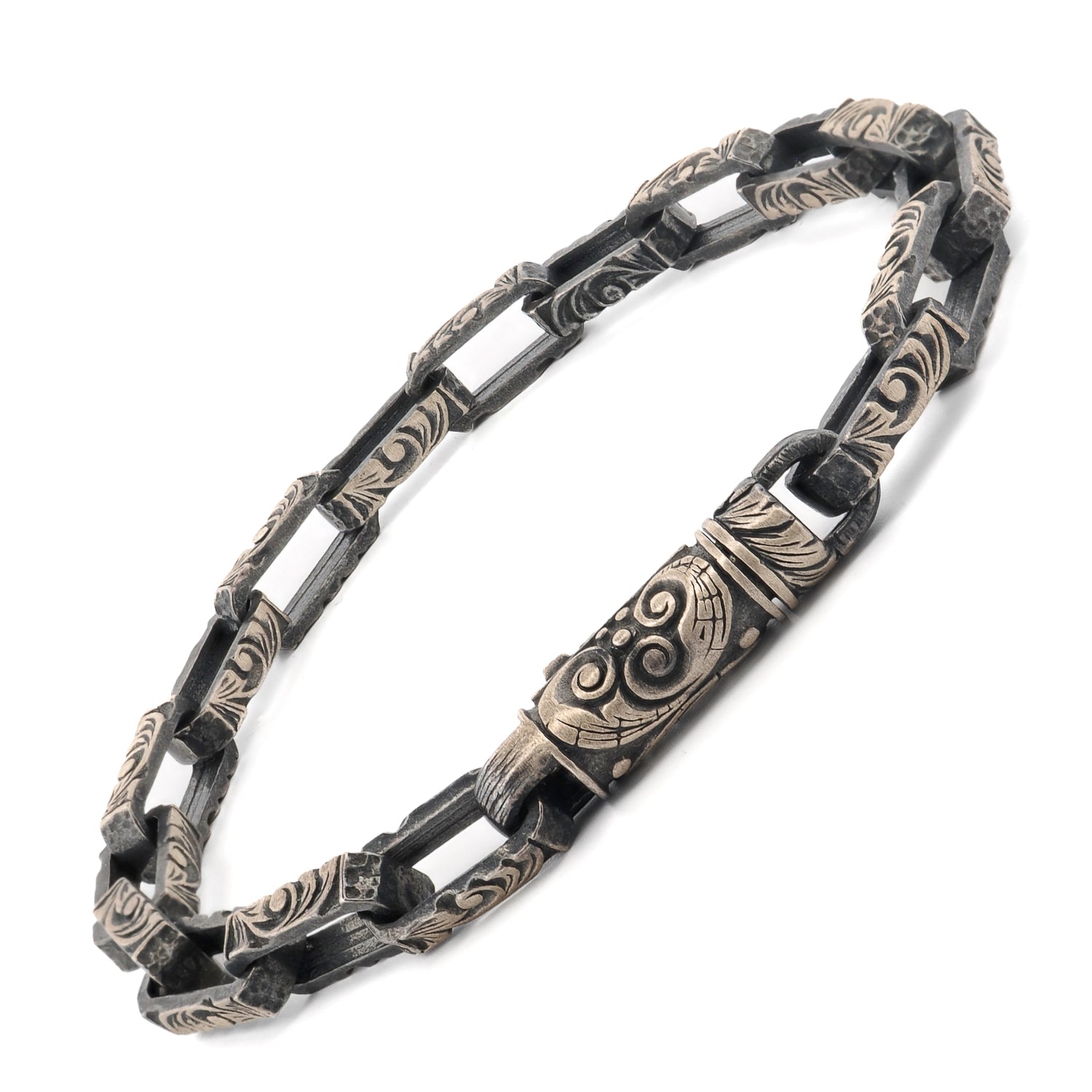 Tribal men’s sterling silver bracelet with rugged chain links and engraved details