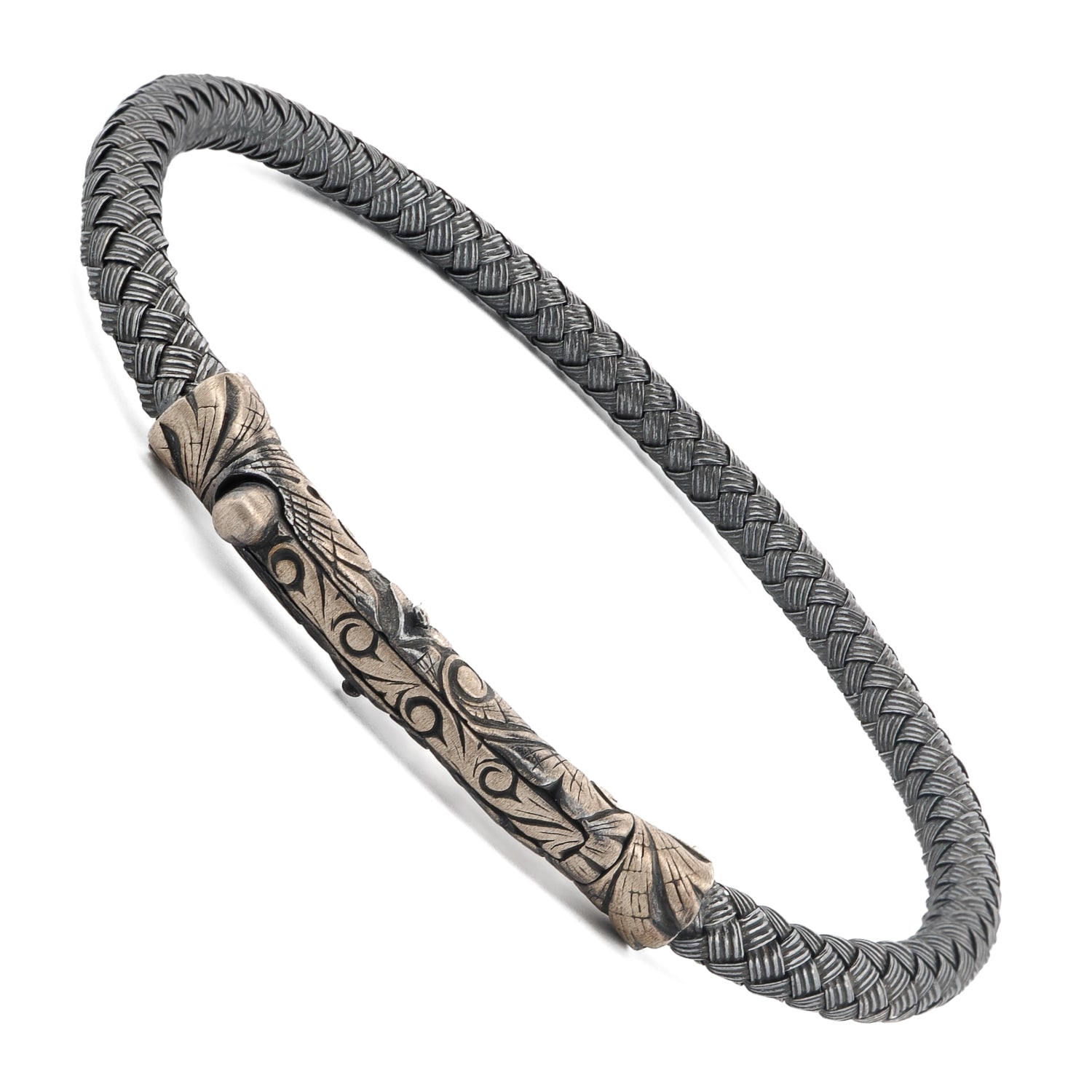 Men’s sterling silver bangle bracelet with tribal-inspired engravings and a sleek, sturdy design.