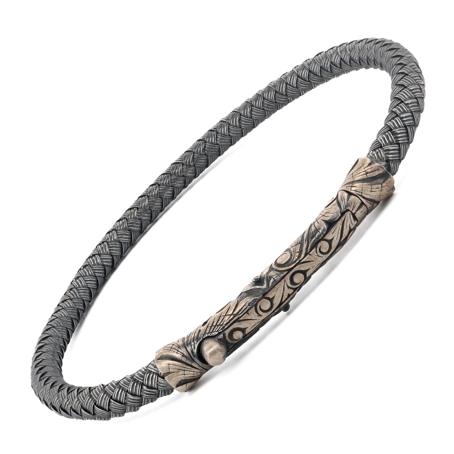 Sterling silver bangle bracelet with tribal pattern, masculine style, and polished finish.