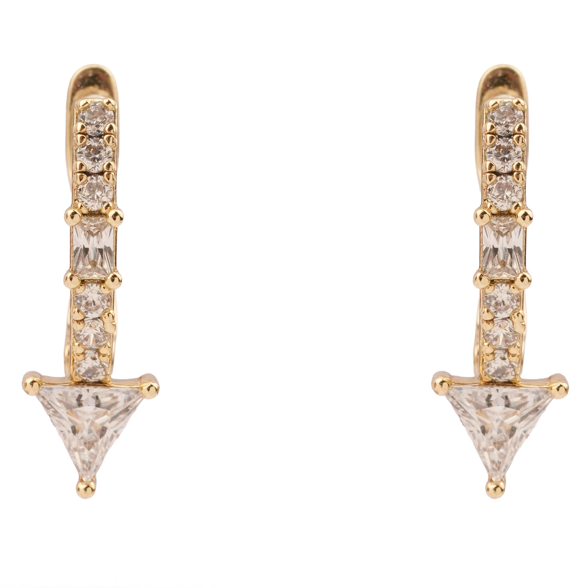 Close front view of the Trillion Arrow earrings, round and baguette zircons on a gold shaft ending in a trillion zircon