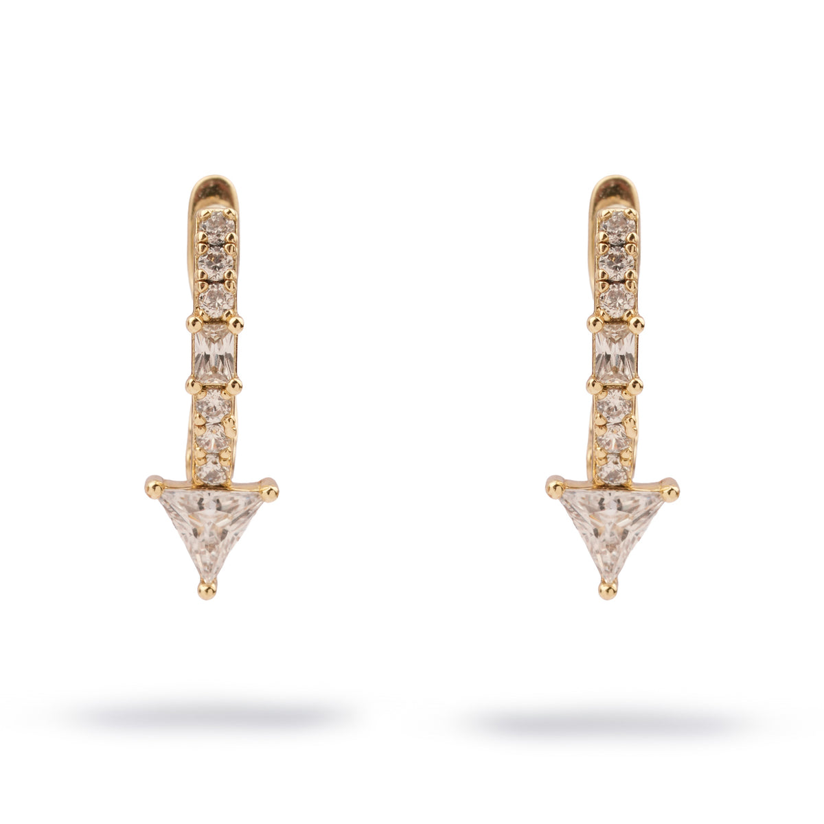 Trillion Arrow Pave Zircon Gold Stud Earrings, front view of the pair with pave zircons and a trillion cut zircon point