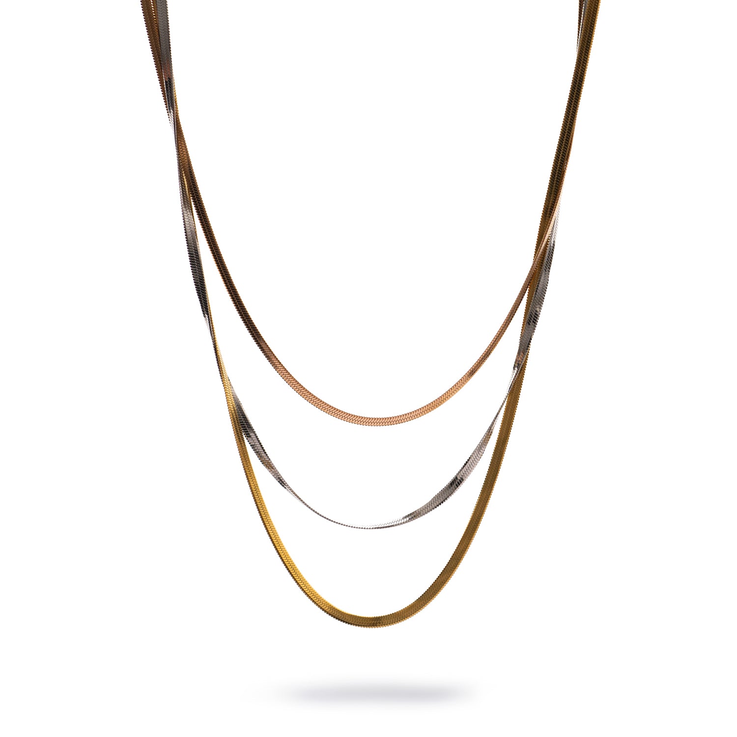 Three-tone layered Italian chain necklace in gold, silver, and rose