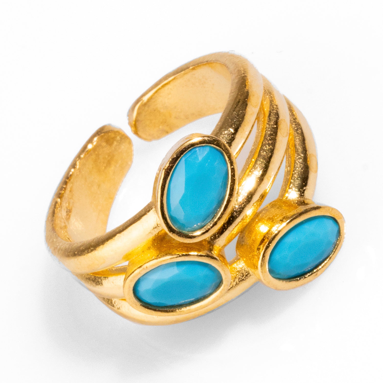 Handmade trio turquoise gemstone ring with 24k gold plating, designed for comfort and sophistication in a unique, adjustable style.
