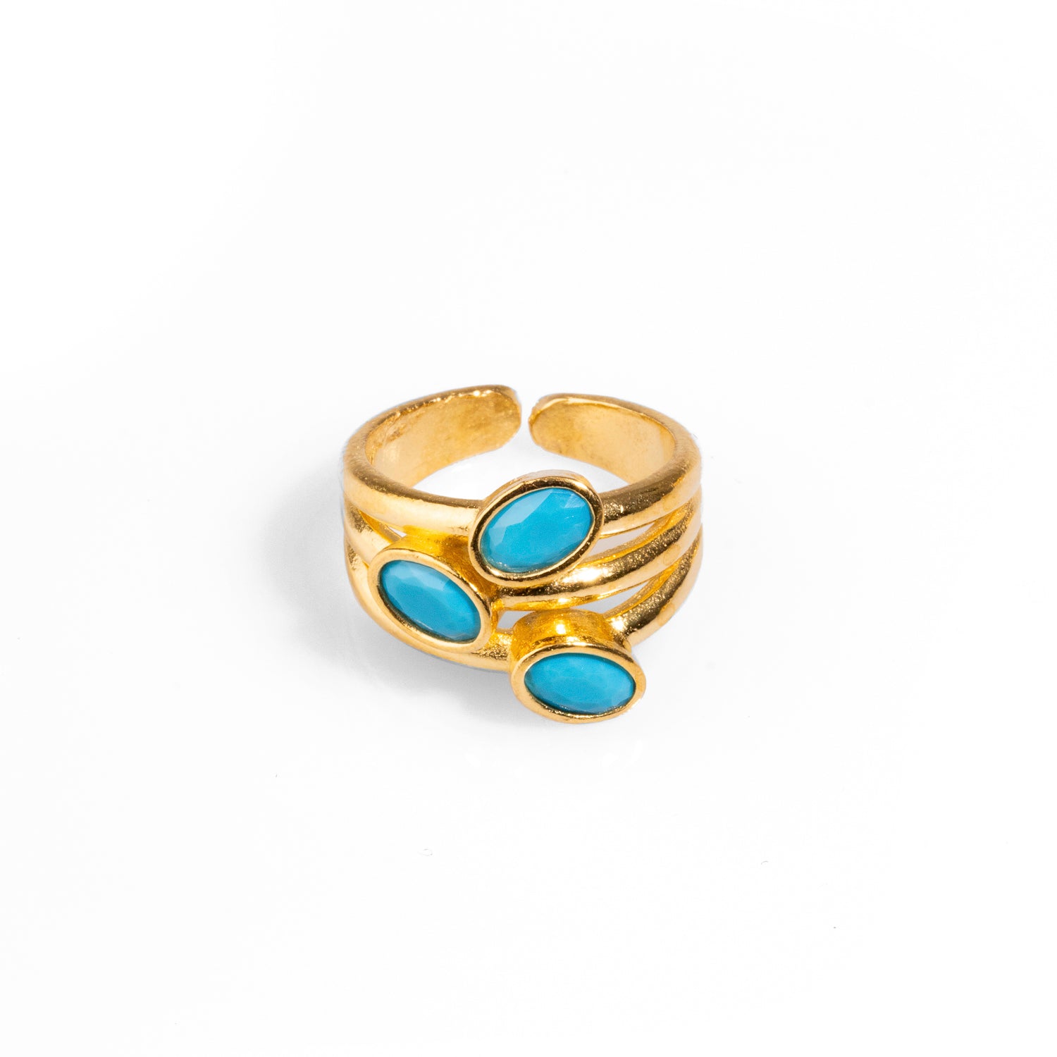 Chic 24k gold-plated cocktail ring with trio turquoise gemstones, offering a perfect blend of charm, elegance, and practicality.
