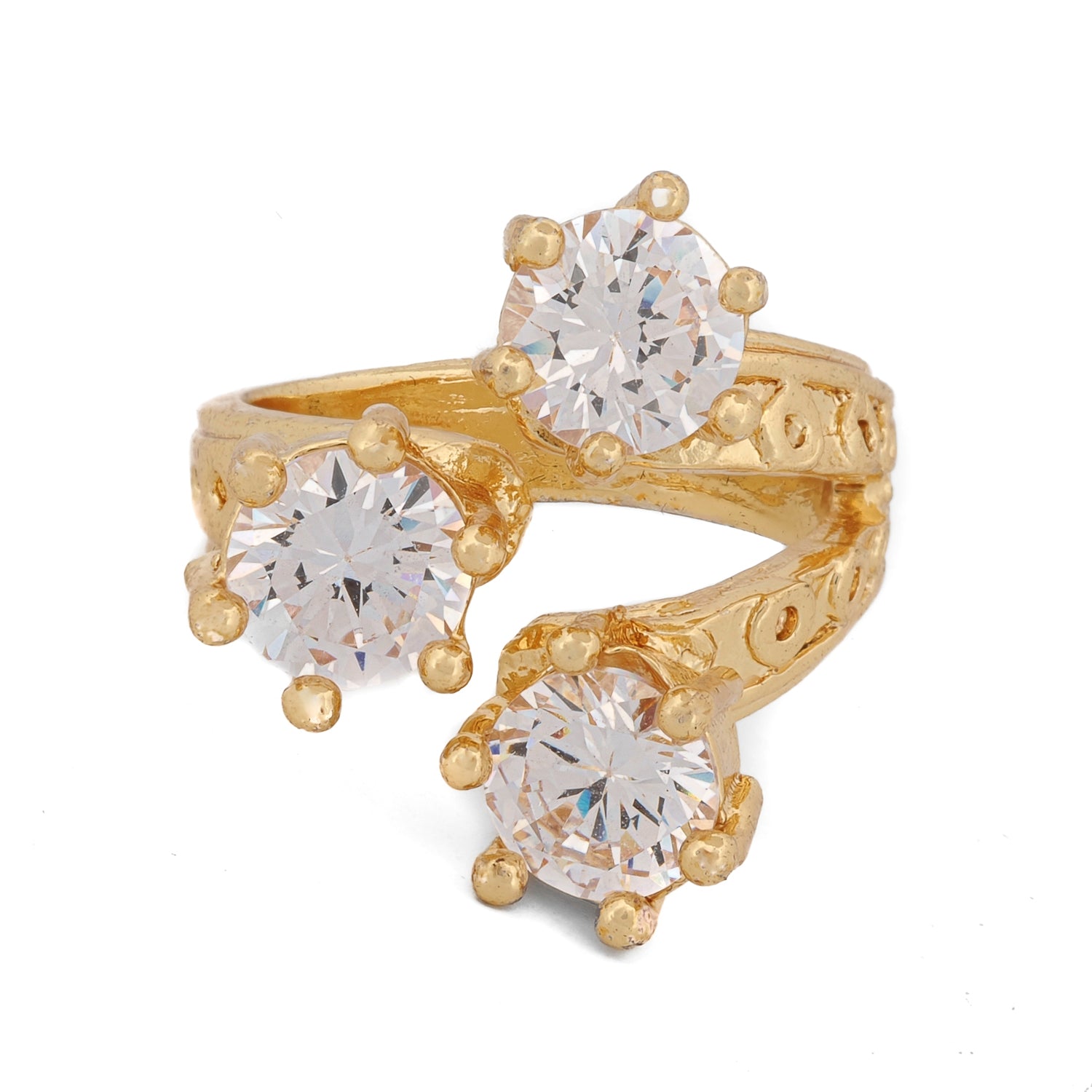 Adjustable 24K gold-plated ring with three CZ stones and textured band – Triple Shine Goddess Diamond Gold Ring