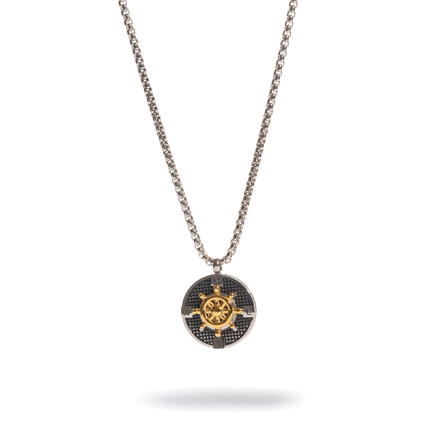 Mens two-tone steel compass necklace with a black dial and gold ship wheel on a box chain
