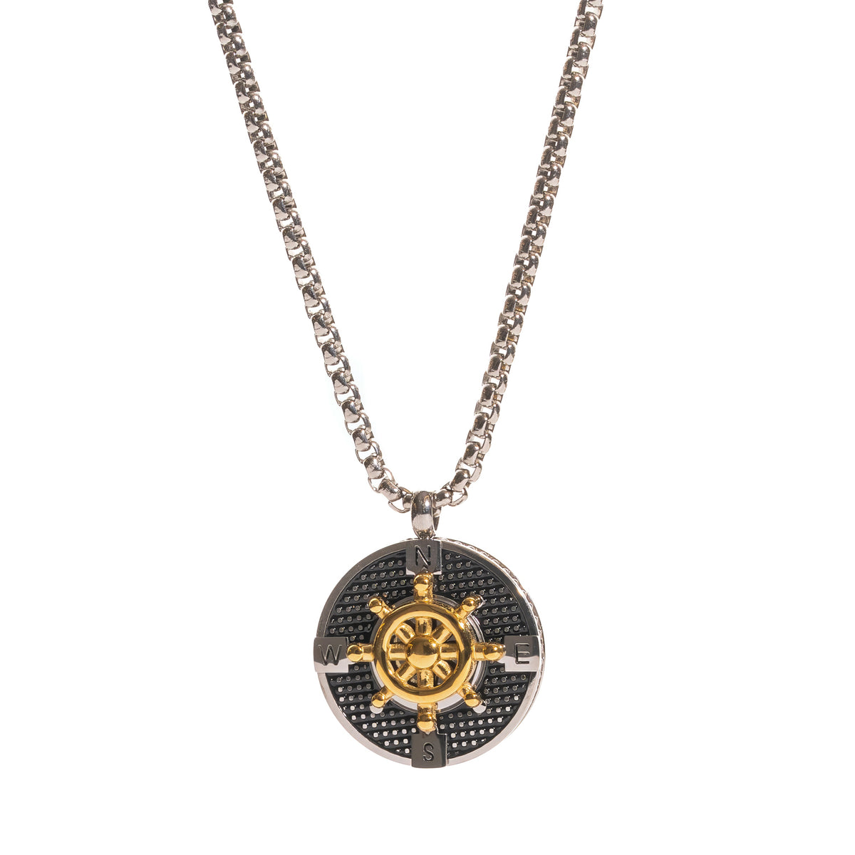 Two-tone compass pendant with N, E, S, W lettering and a 24K gold plated ship wheel centre