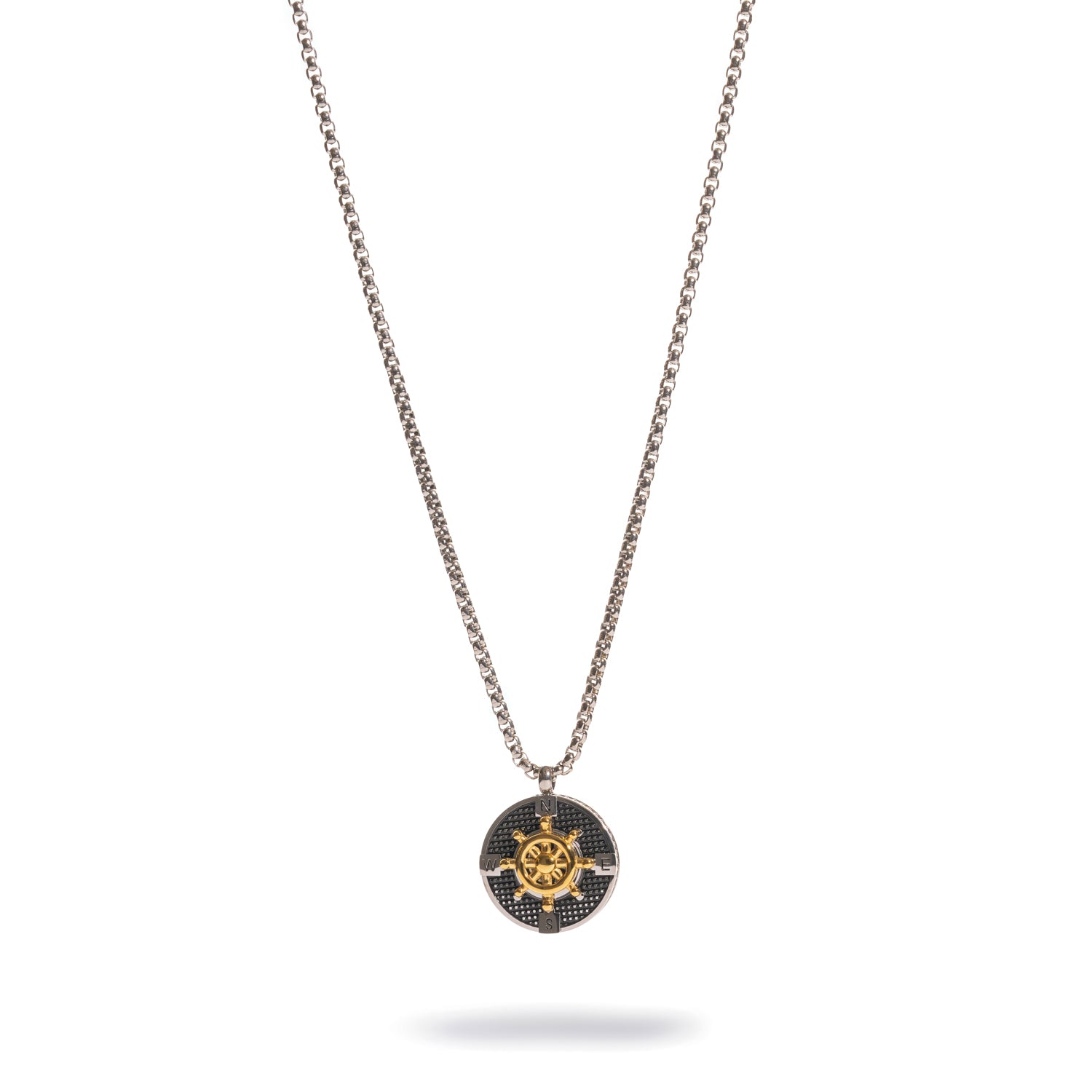 Full length view of the 22 inch steel box chain with the black and gold compass pendant