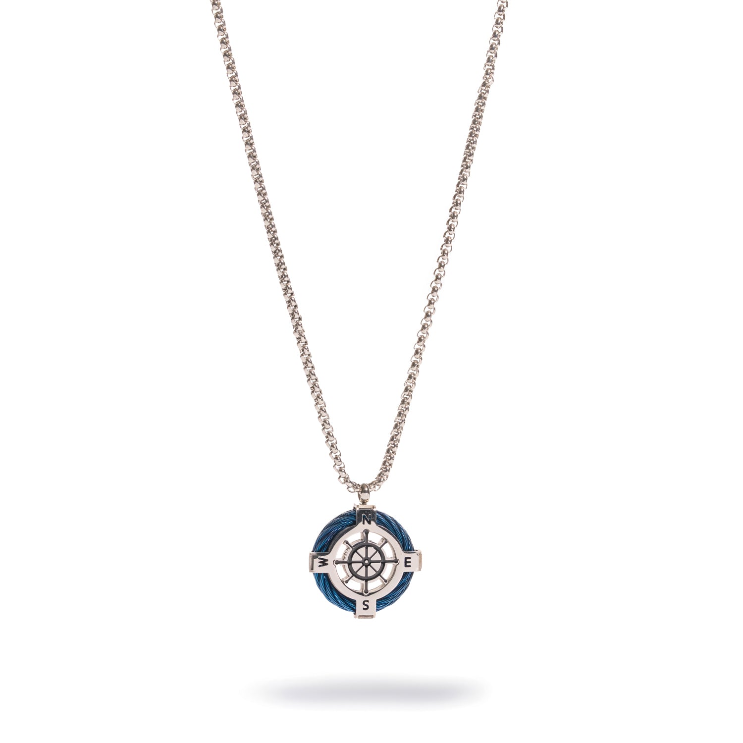 Mens stainless steel compass necklace with a blue cable ring and ship wheel centre on a box chain