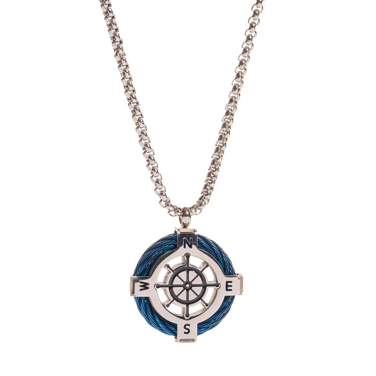 Steel compass pendant with a ring of blue coated cable around an open ship wheel