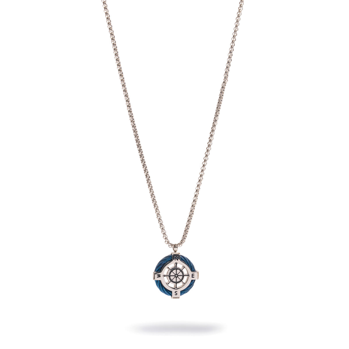 Full length view of the 23 inch steel box chain with the blue cable compass pendant