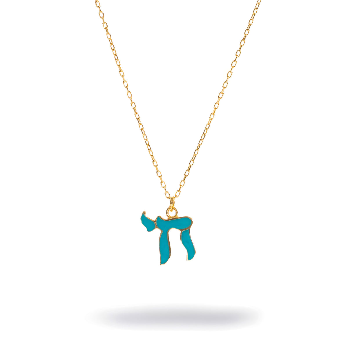 Turquoise Chai Symbol Gold Pendant Necklace, turquoise enamel Hebrew Chai outlined in gold on a fine cable chain