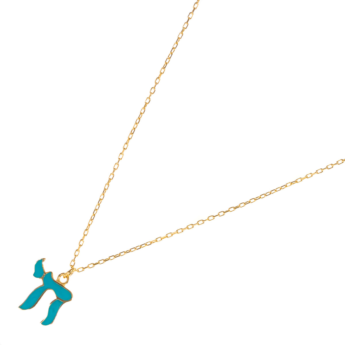 Turquoise enamel Chai pendant on a dainty gold cable chain, angled view