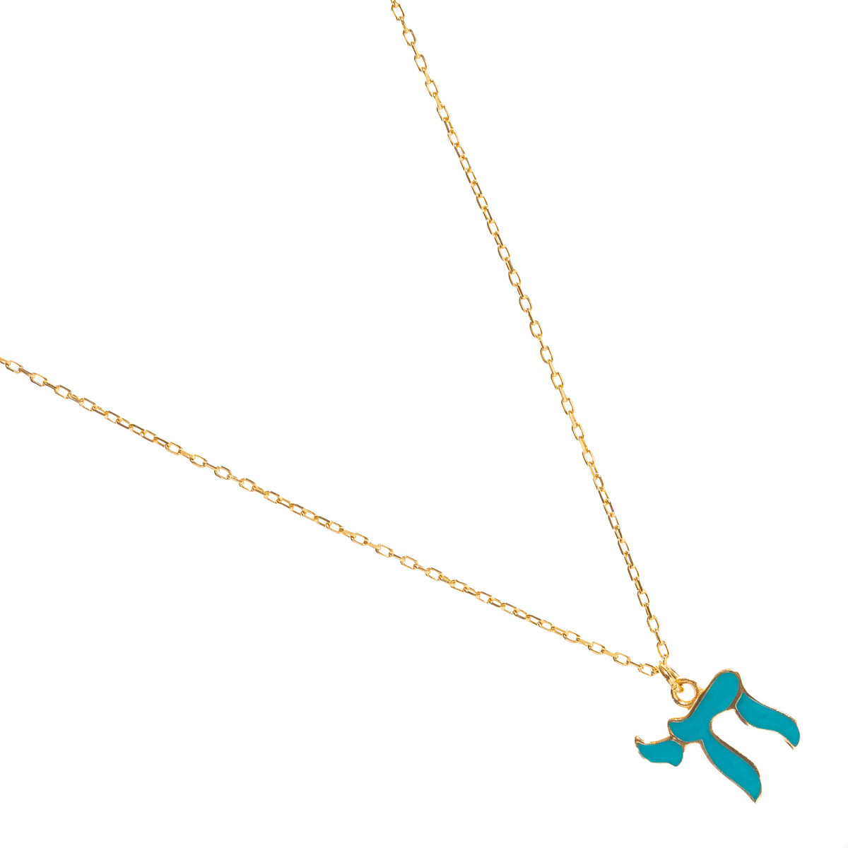 Side view of the flowing turquoise enamel Chai letters edged in gold