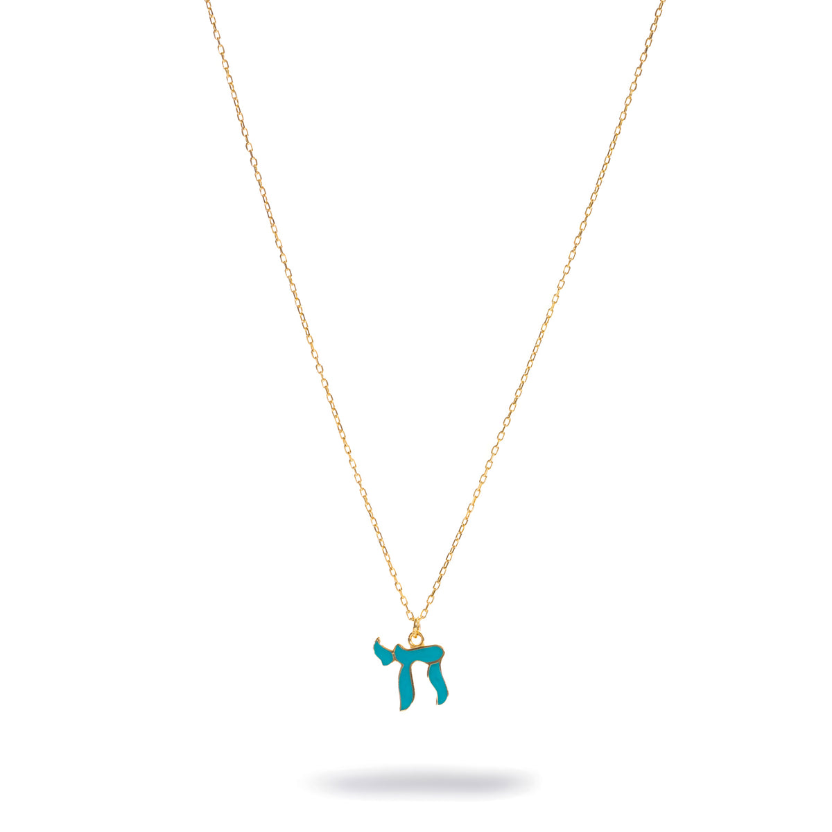 Turquoise Chai Symbol Gold Pendant Necklace shown at full chain length on white