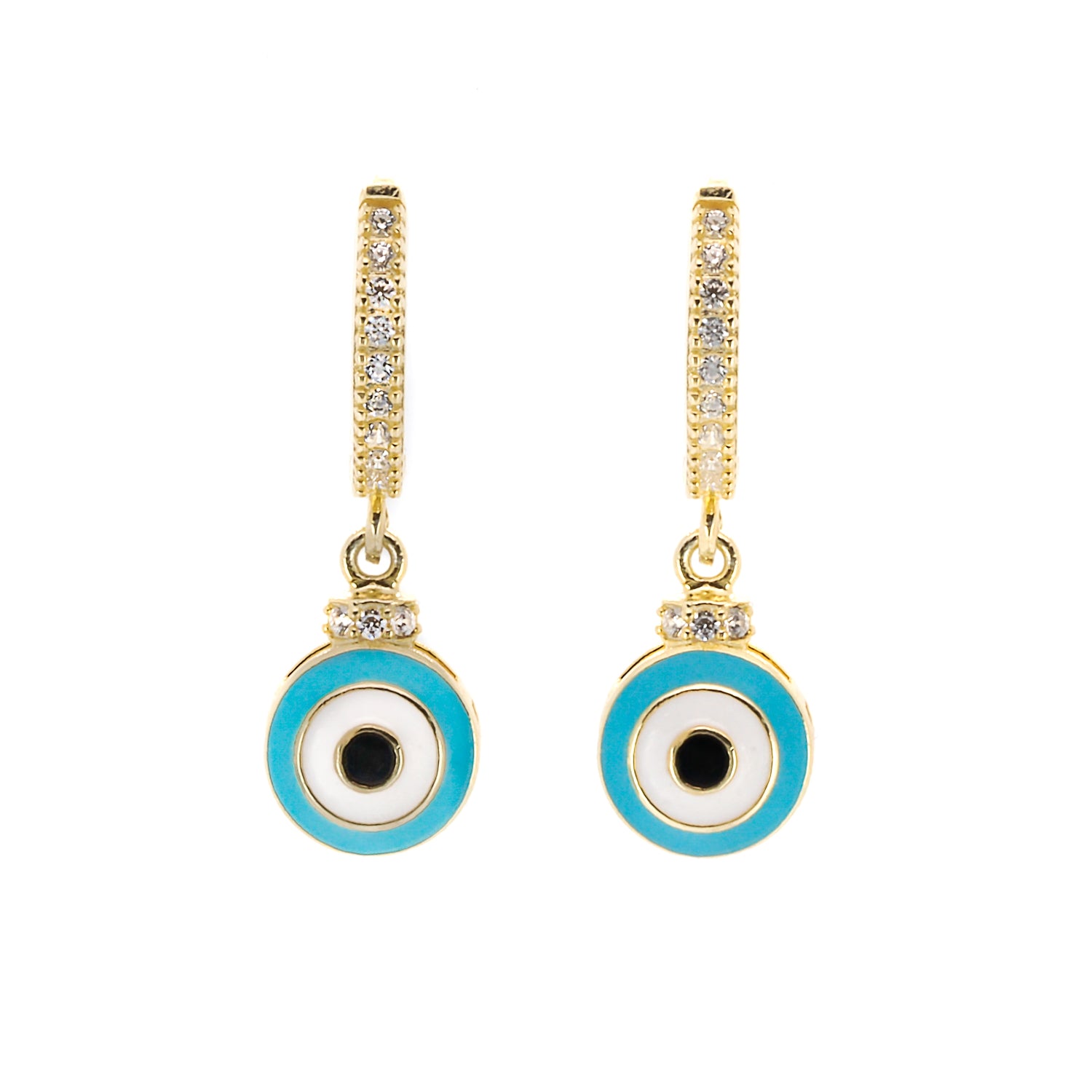 Turquoise Evil Eye Gold Earrings with zircon stones and enamel charm