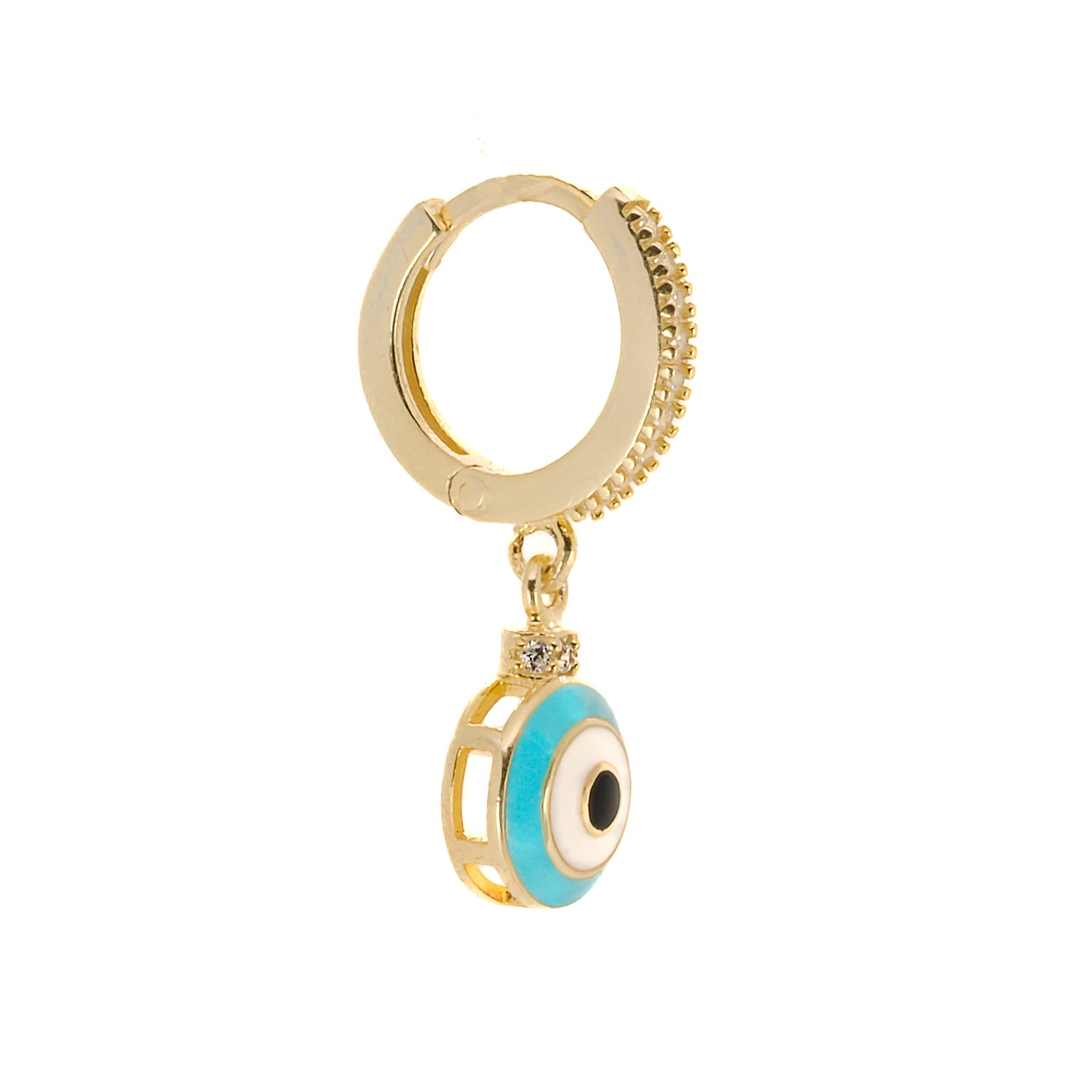 Handmade gold-plated earrings featuring a delicate turquoise evil eye design
